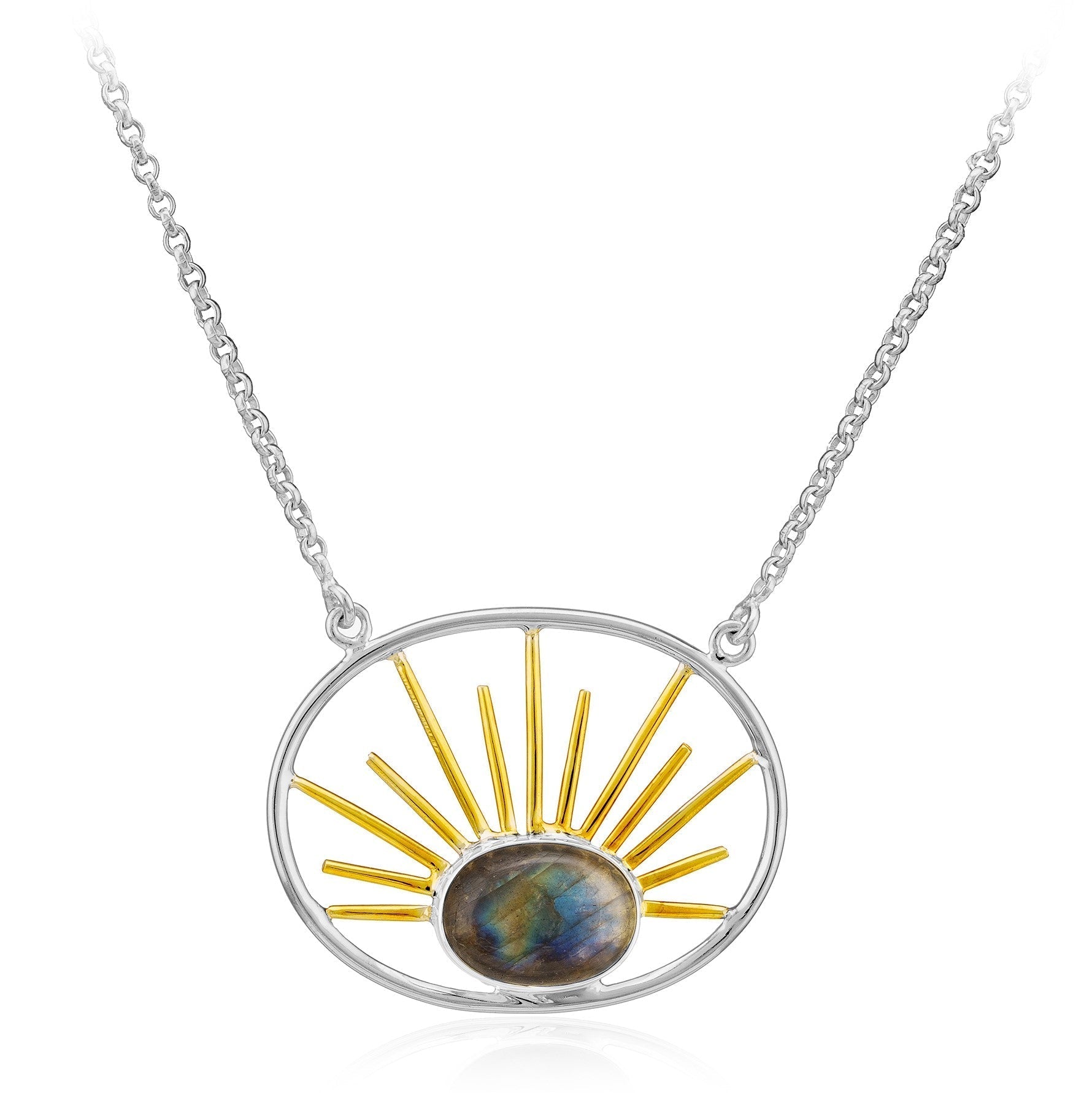 A silver necklace featuring a stone pendant with an oval-shaped multicolored gemstone. The gemstone is framed by an oval silver outline with gold vermeil radiating bars resembling sun rays extending outward from it, called the Goddess Necklace Large in Va