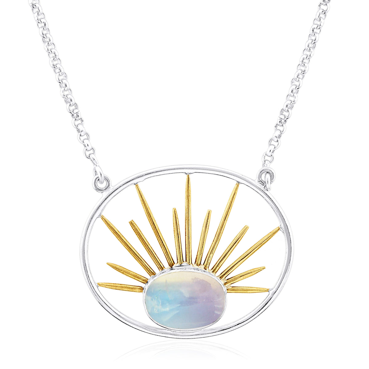 A silver necklace with a gold vermeil chain features an oval stone pendant. The pendant boasts a design of a sun with golden rays emanating from a central white opalescent stone, mimicking the look of a sunrise. This is the Goddess Necklace Large in Vario