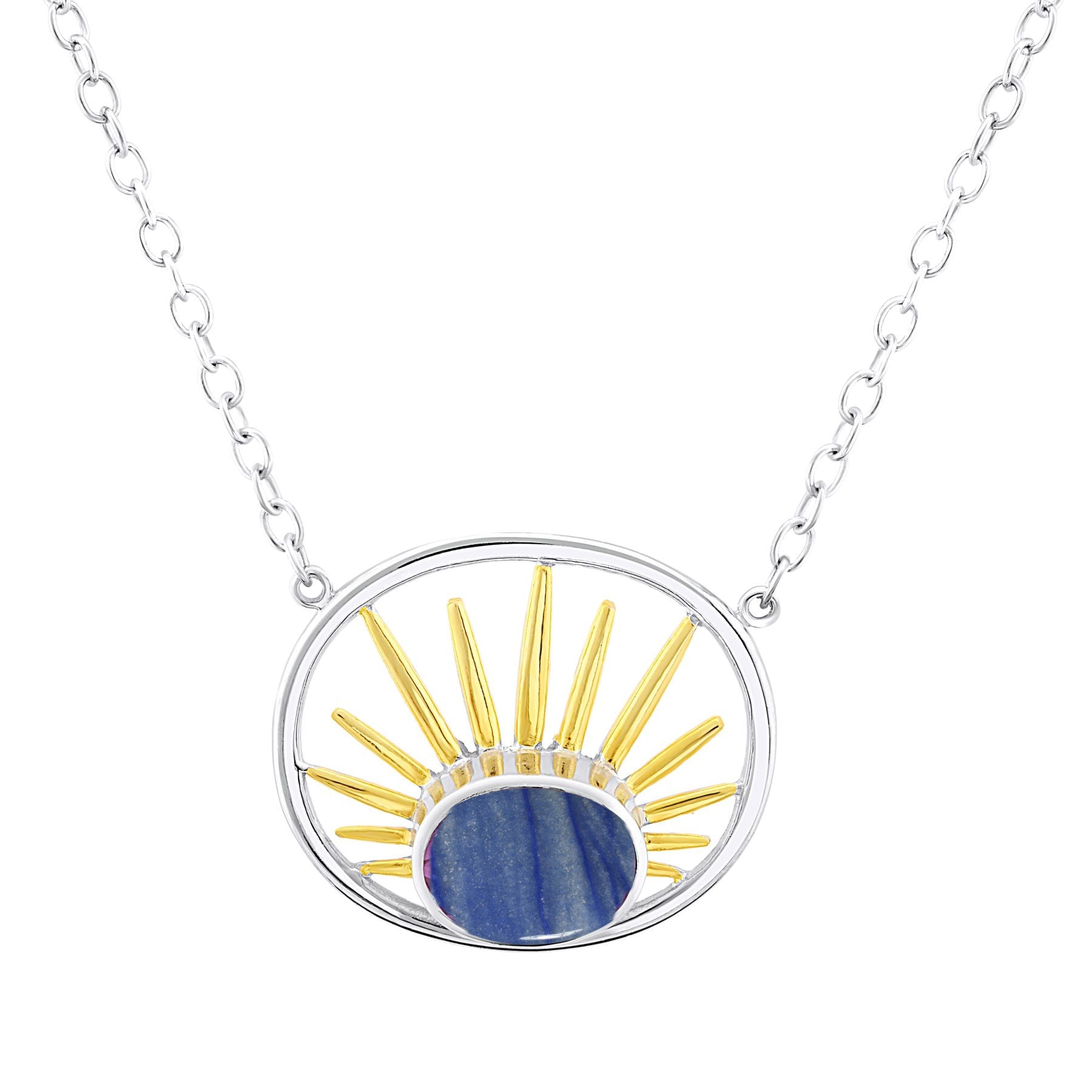 The Gallardo & Blaine Designs Goddess Necklace Small in various gemstones showcases a silver chain featuring a pendant with a circle design. The sterling silver pendant displays a central blue stone, surrounded by gold and silver rays extending outward, r