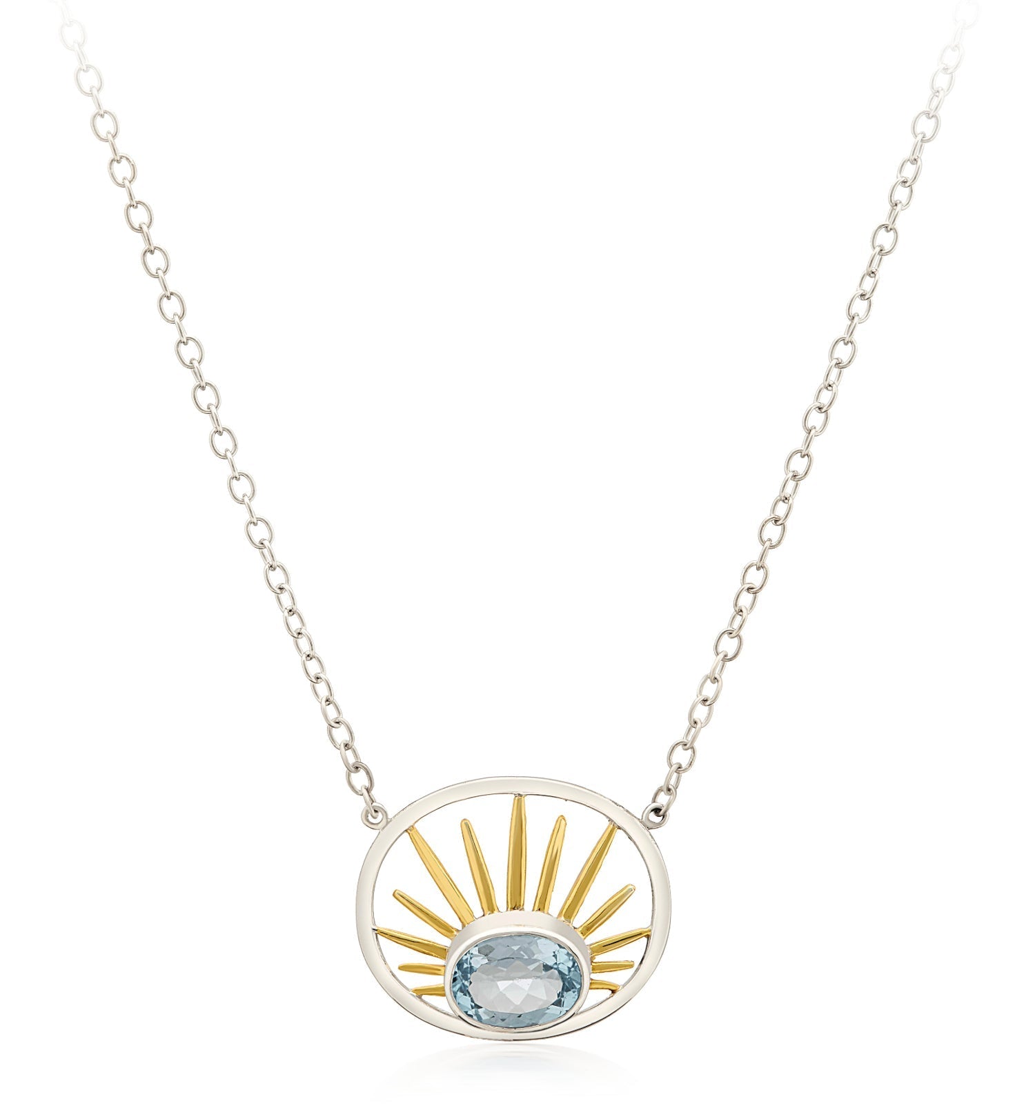 Introducing the Gallardo & Blaine Designs Goddess Necklace Small in various gemstones: a sterling silver creation featuring a dual-tone pendant on a delicate chain. The oval-shaped pendant showcases ascending gold rays, evoking a sunrise, while a light bl
