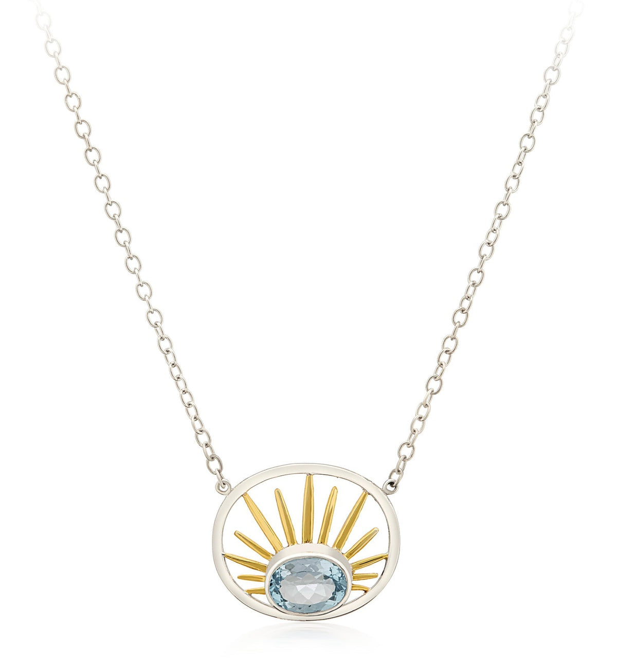 Introducing the Gallardo & Blaine Designs Goddess Necklace Small in various gemstones: a sterling silver creation featuring a dual-tone pendant on a delicate chain. The oval-shaped pendant showcases ascending gold rays, evoking a sunrise, while a light bl