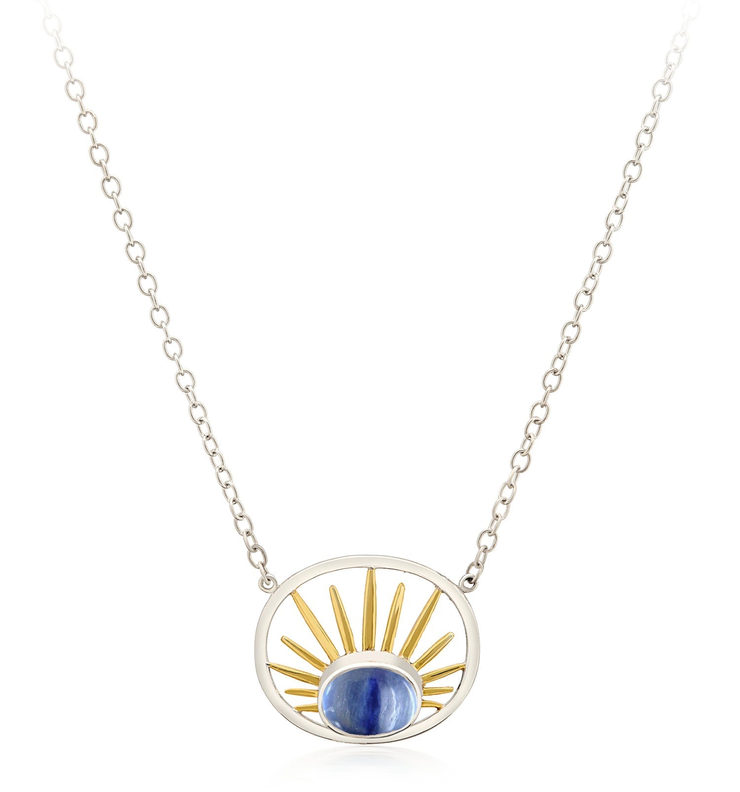The Gallardo & Blaine Designs Goddess Necklace Small in various gemstones features a sterling silver chain adorned with a stunning blue oval gemstone at the center. Framed by a silver oval, gold sunray-like spokes radiate from the gemstone, beautifully re