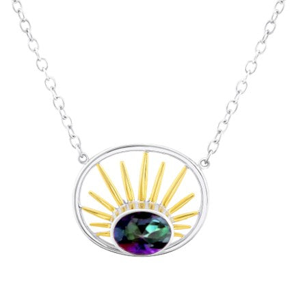 A Goddess Necklace Small in various gemstones from Gallardo & Blaine Designs, featuring a pendant of a multicolored gemstone encircled by a sterling silver ring. The gemstone is accentuated by gold rays emanating from its top half, resembling a rising sun
