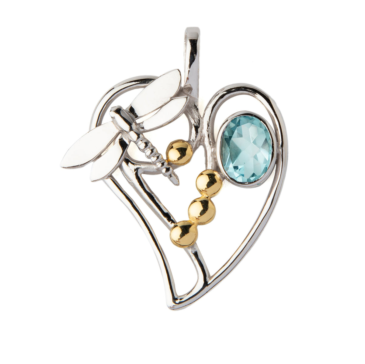 The Heart Dragonfly Pendant Small by Gallardo & Blaine Designs features sterling silver, three gold beads, and an oval blue gemstone on one side—a unique handcrafted gemstone pendant.
