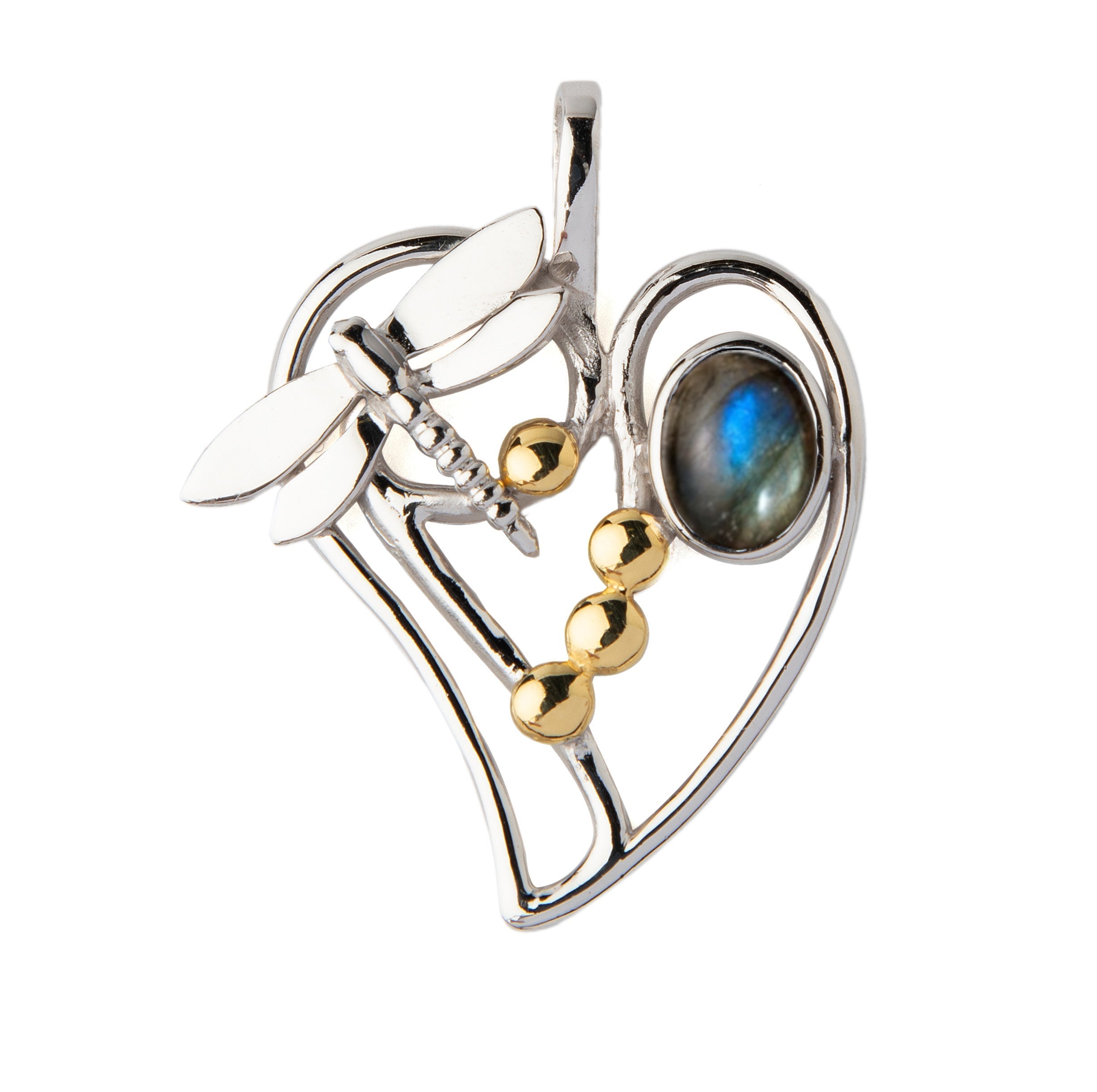 The Heart Dragonfly Pendant Small by Gallardo & Blaine Designs features sterling silver, three gold spheres, and an iridescent blue-green gemstone set on one side.