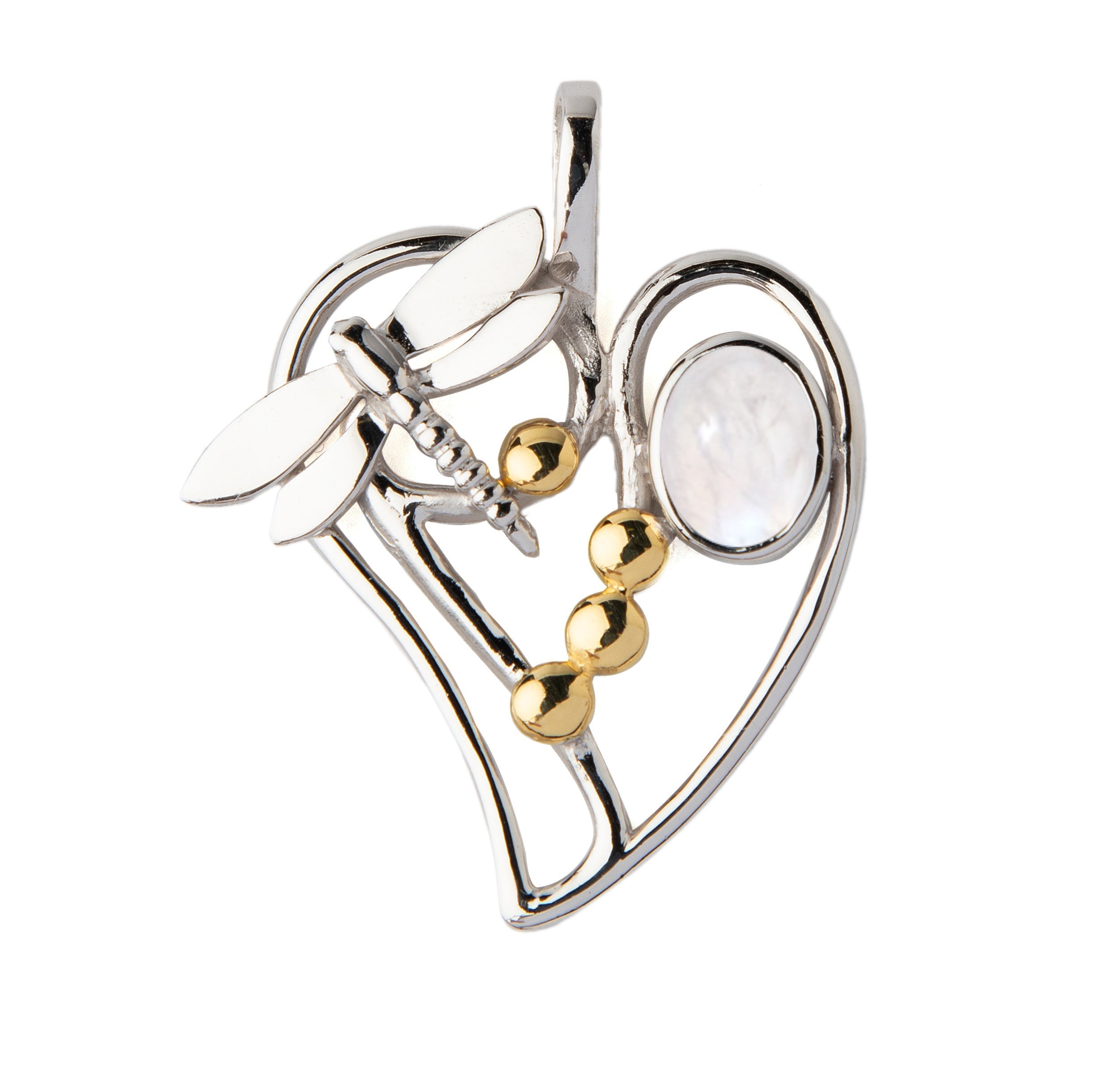 The Heart Dragonfly Pendant Small by Gallardo & Blaine Designs is crafted in sterling silver with three gold spheres and an oval white gemstone, all in an open, delicate wire heart design.