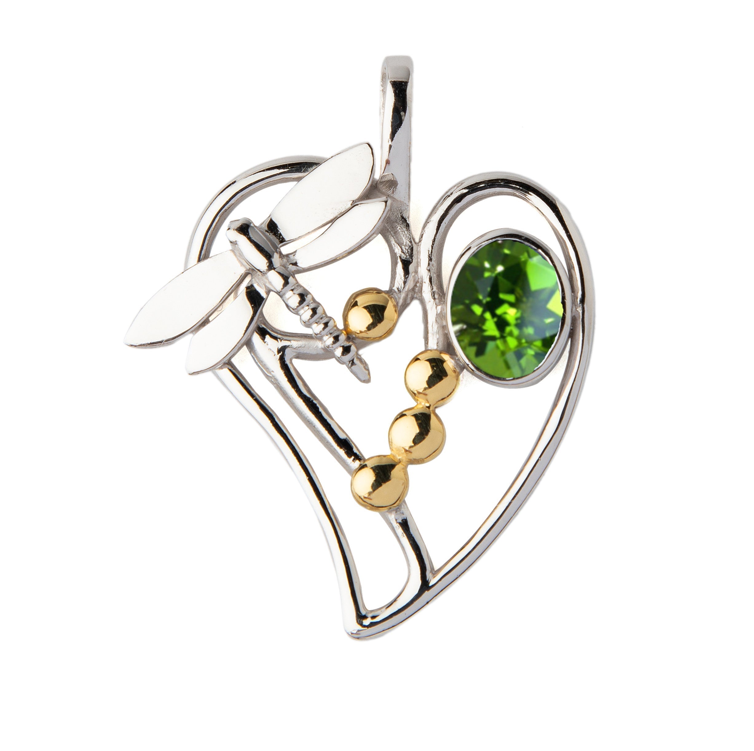 The Heart Dragonfly Pendant Small by Gallardo & Blaine Designs features a sterling silver heart with a dragonfly, three gold beads, and a green oval gemstone set against a white background.