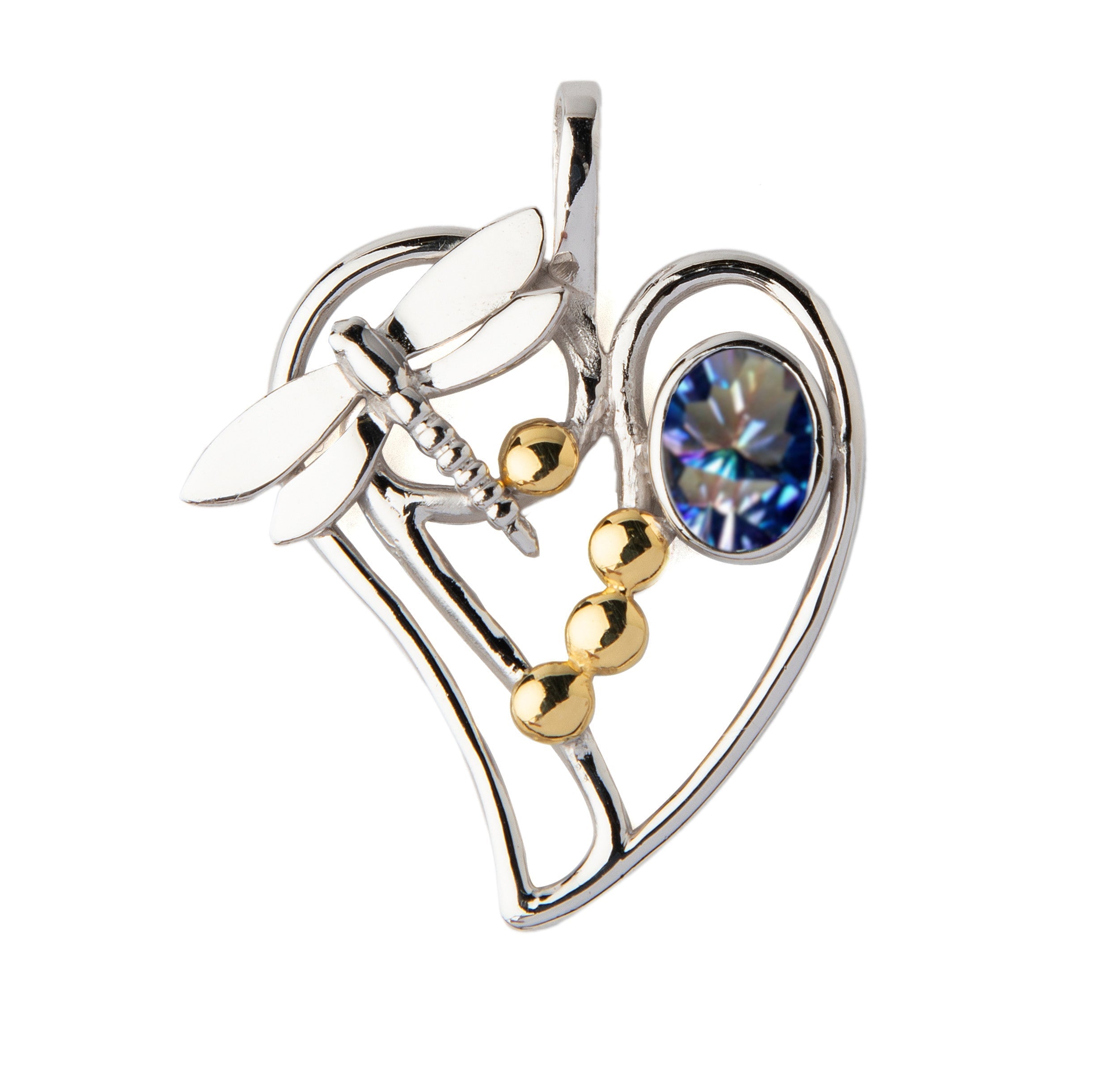 The Heart Dragonfly Pendant Small by Gallardo & Blaine Designs features sterling silver, three gold spheres, and an iridescent blue gemstone—a unique and elegant pendant available in various gemstones.