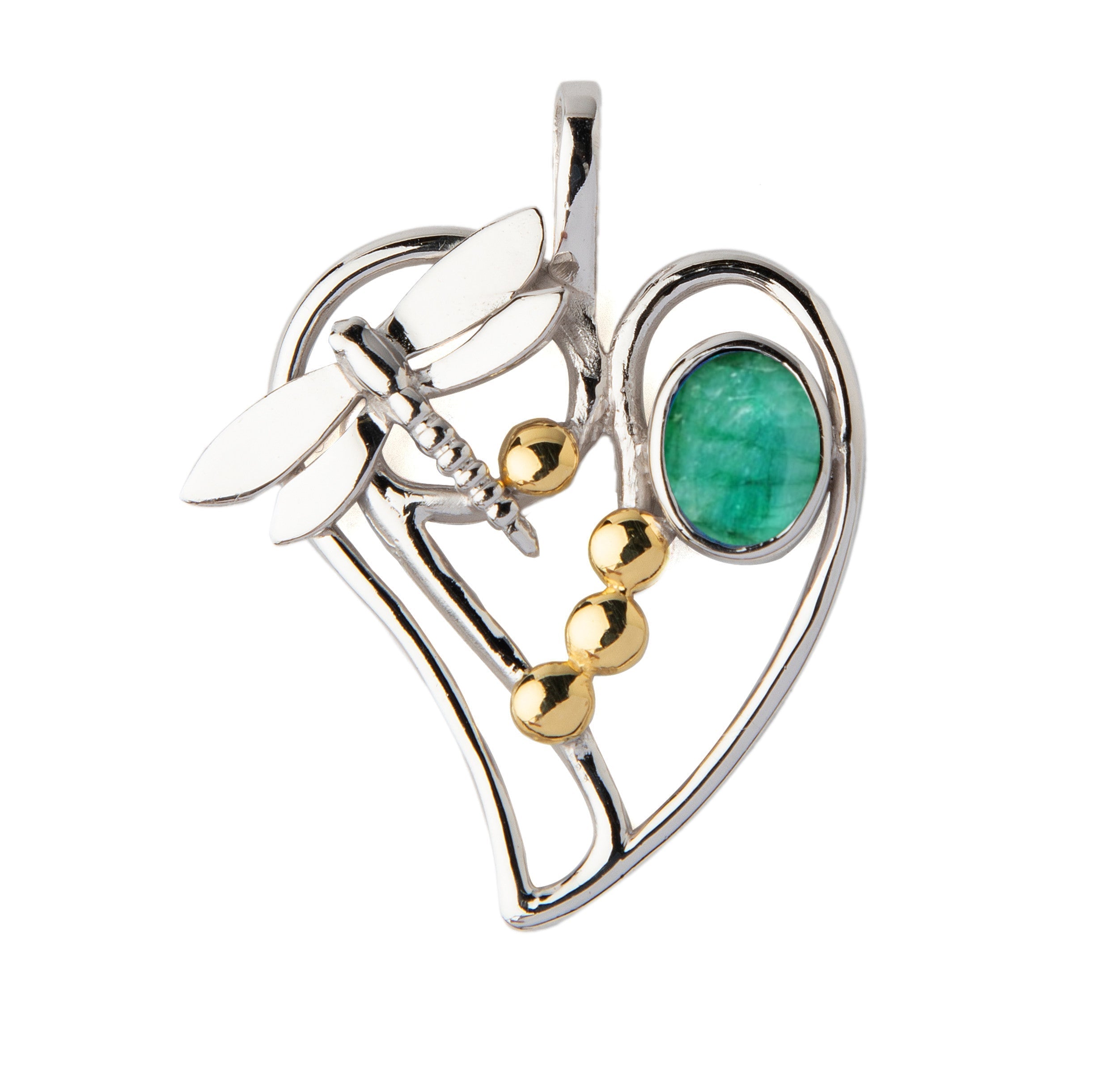 The Heart Dragonfly Pendant Small by Gallardo & Blaine Designs features a silver heart with a dragonfly, gold spheres, and an oval green gemstone—an eye-catching sterling silver accessory available in various gemstones.