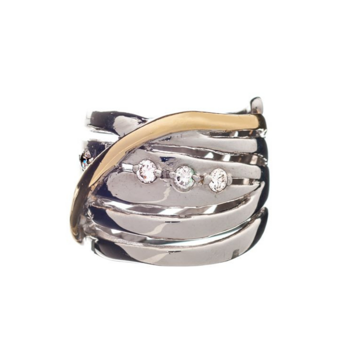 The Hidden Gems Ring in Silver & Gold by Gallardo & Blaine Designs is a stylish piece featuring a layered design with alternating shiny sterling silver and gold-plated bands. The central band is adorned with three small, sparkling clear stones, adding an