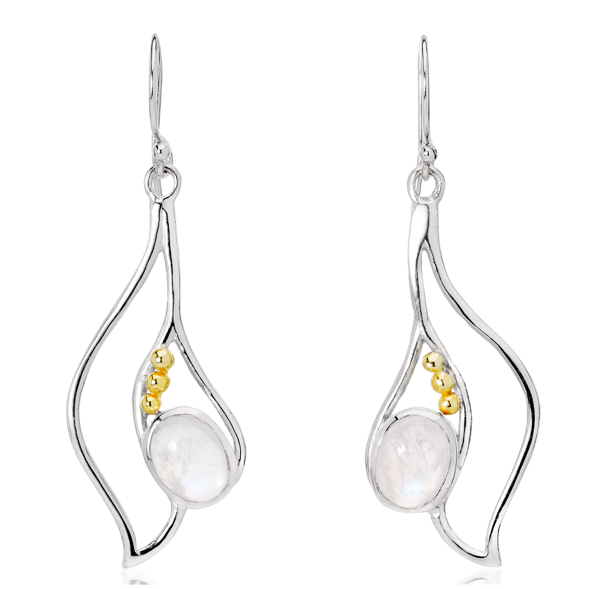 Introducing the Iris Earrings in various gemstones by Gallardo & Blaine Designs: A pair of elegant silver & gold gemstone earrings featuring an abstract, wavy design. Each earring showcases a central pearly white stone adorned with three small gold beads