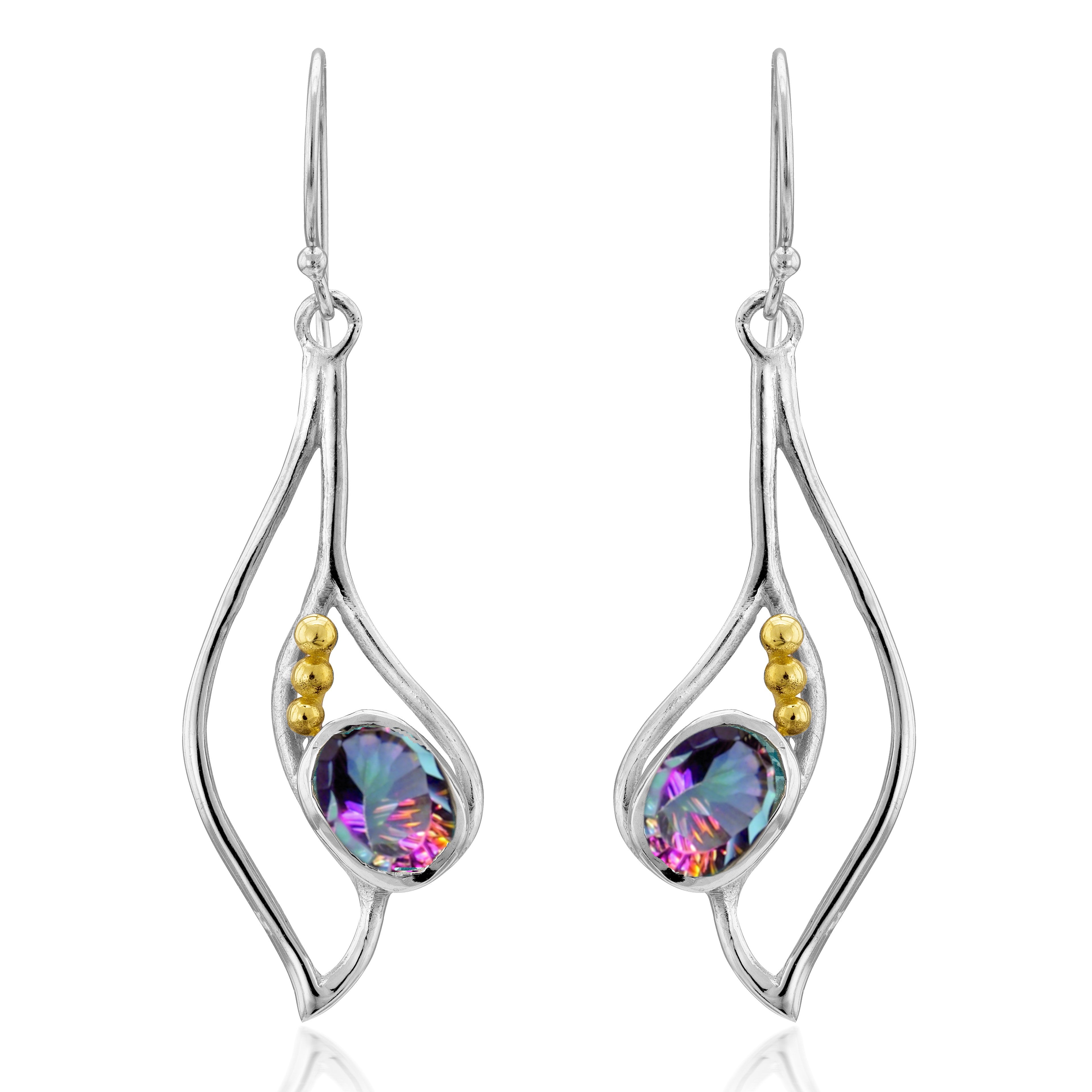 Introducing the Iris Earrings in various gemstones by Gallardo & Blaine Designs: a pair of elegant gemstone earrings featuring a silver twisted design. Each earring boasts a shimmering iridescent gemstone at the center, with a trio of gold beads arranged