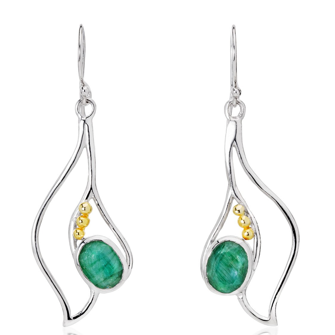 This image showcases the Iris Earrings in various gemstones by Gallardo & Blaine Designs, a pair of elegant gemstone earrings featuring a swirling silver design with green oval gemstones and small gold-colored beads. The earrings have hooked tops for wear