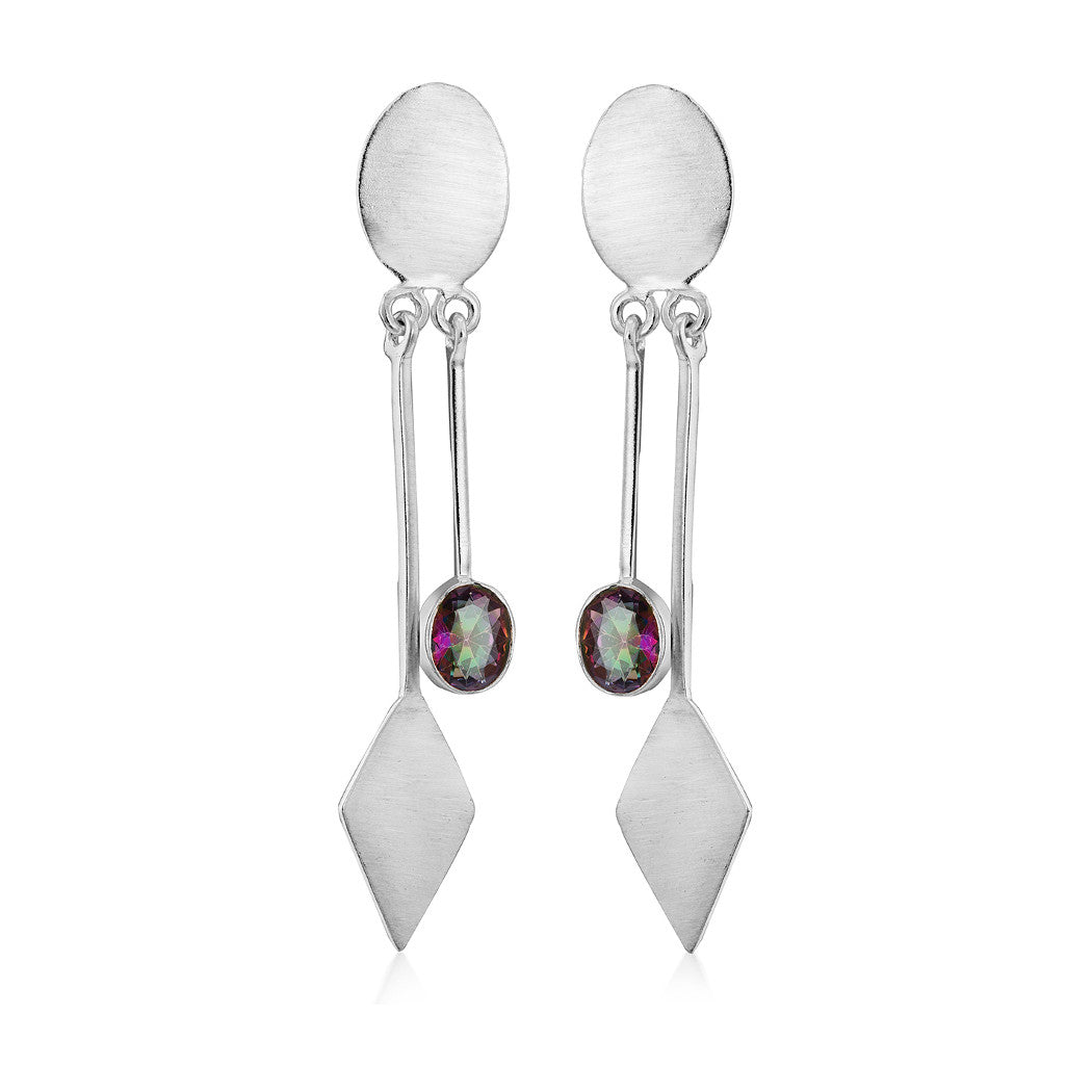 A pair of Karo Earrings in various gemstones by Gallardo & Blaine Designs featuring an oval stud top connected to a multicolored gemstone and a diamond-shaped pendant at the bottom. The design is sleek and geometric, perfect for modern fashion jewelry ent