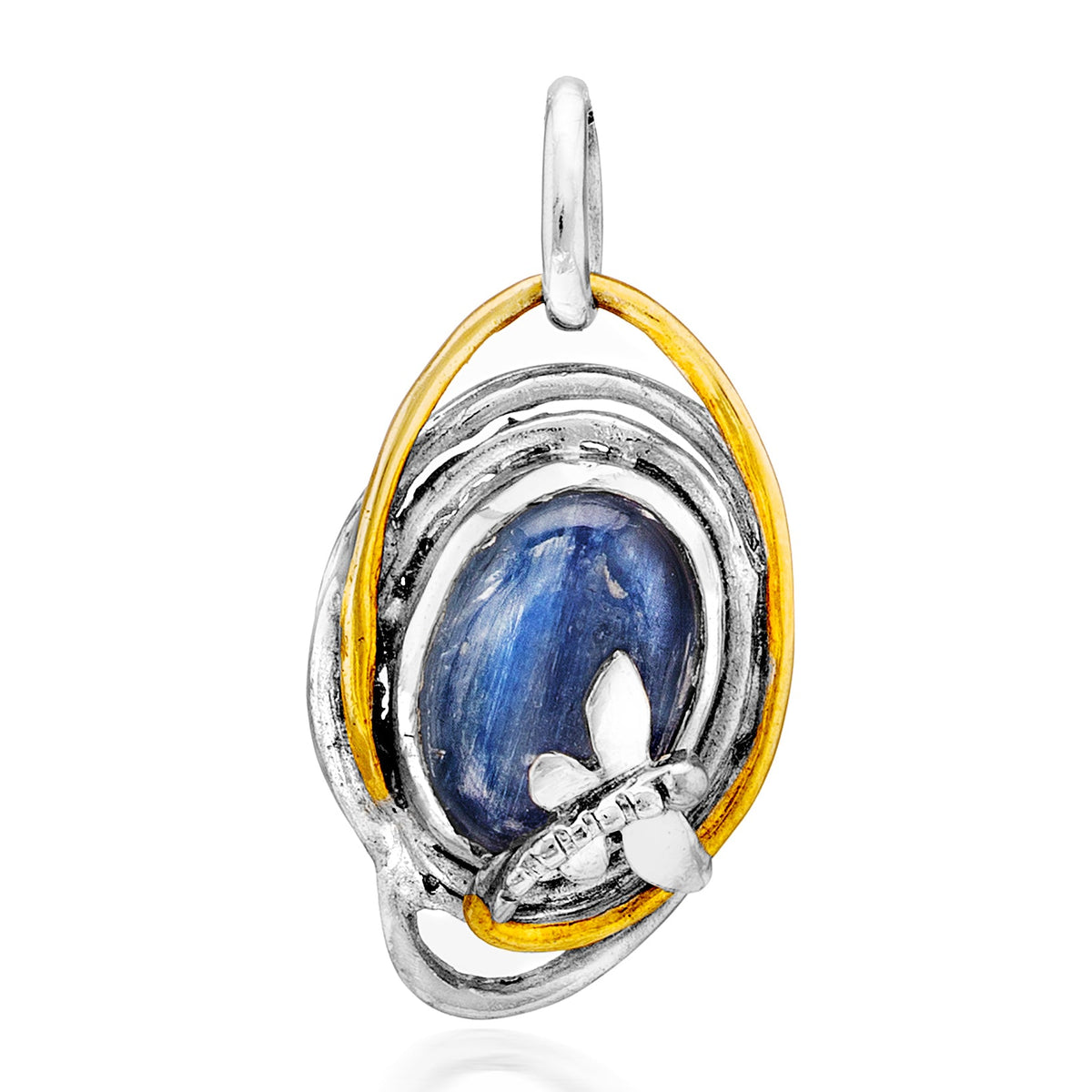 A Lagoon Pendant Small in various gemstones by Gallardo & Blaine Designs featuring a blue oval gemstone encased in a silver and gold twisted metal design. The intricate design includes a small silver butterfly detail at the bottom right of the stone. This