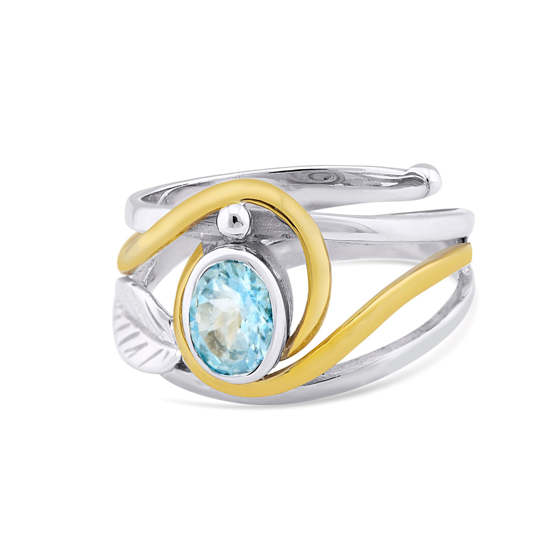 Introducing the Leaf Ring in Silver Gold & various gemstones by Gallardo & Blaine Designs: a silver and gold wave design ring featuring an oval-shaped blue gemstone in the center. This elegant gemstone ring boasts a modern, twisted band with a smooth yell