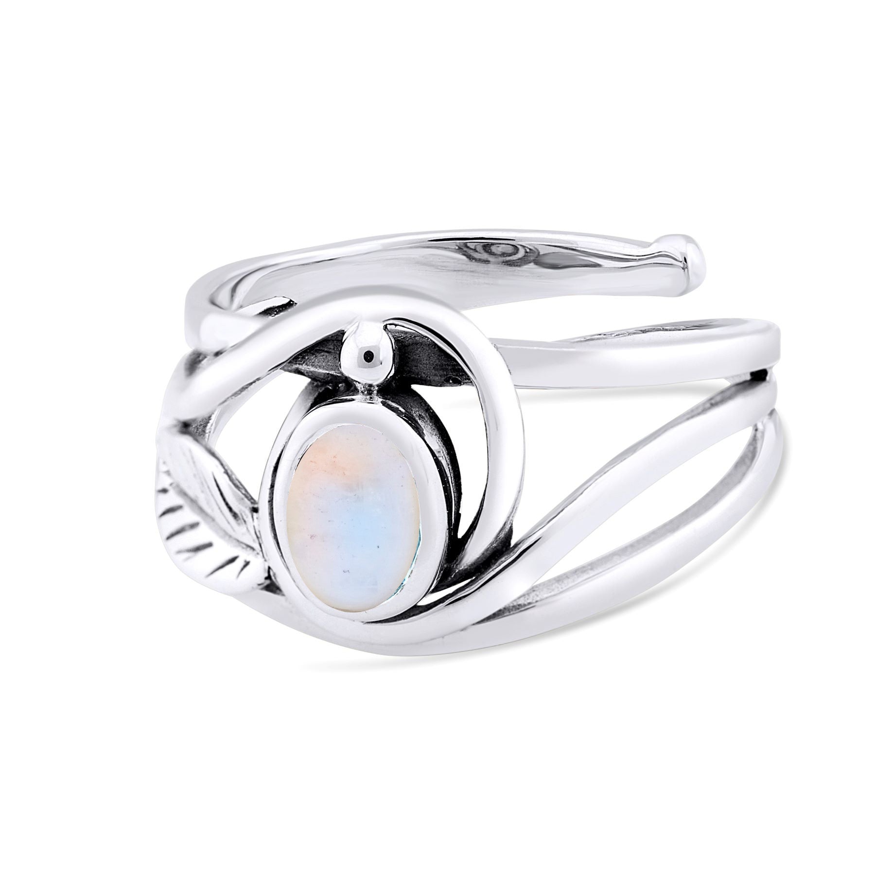A stylish silver and gold ring featuring a smooth, oval-shaped, iridescent white gemstone set in a unique intertwined band design. The Leaf Ring in Silver Gold & various gemstones by Gallardo & Blaine Designs has flowing, wave-like elements, adding an ele