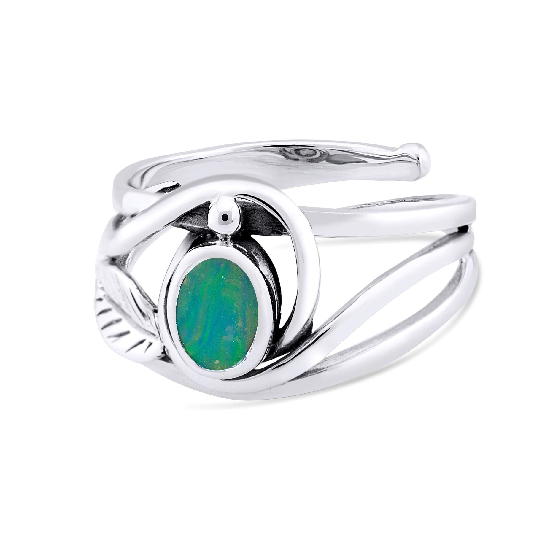 A Leaf Ring in Silver Gold & various gemstones from Gallardo & Blaine Designs featuring an oval-shaped green and blue opal stone. The elegant gemstone ring has an intricate swirling design that wraps around the opal, giving it a unique appearance reminisc