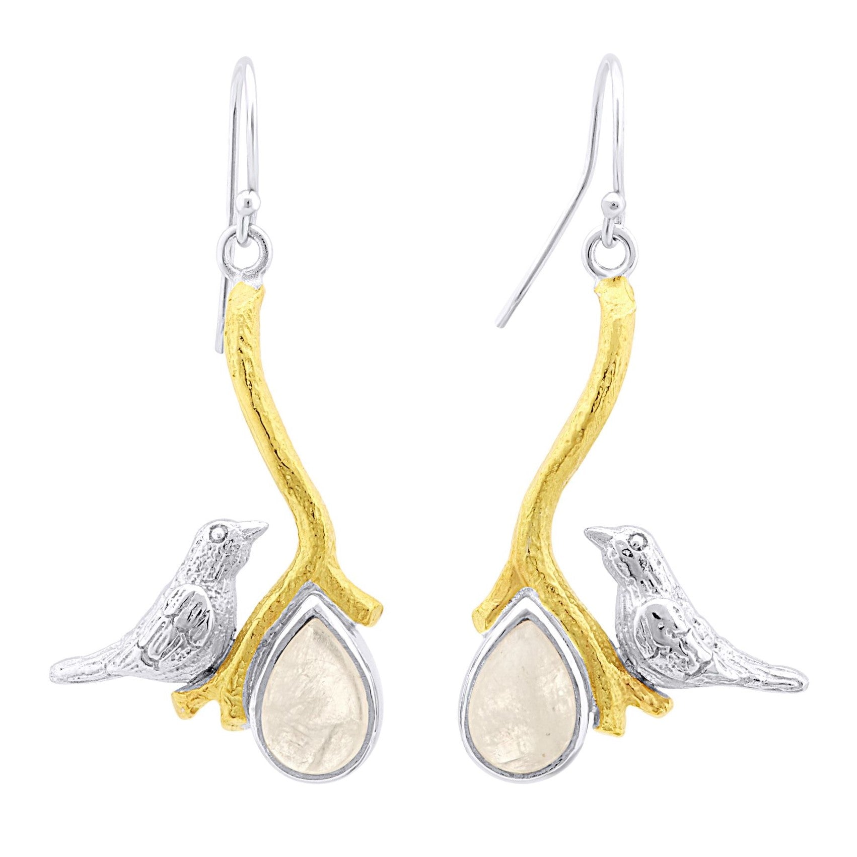 A pair of Lovebird Earrings in various gemstones by Gallardo & Blaine Designs featuring a design of two silver birds perched on gold-toned branches. Each branch holds a teardrop-shaped, translucent gemstone, creating an elegant and nature-inspired accesso