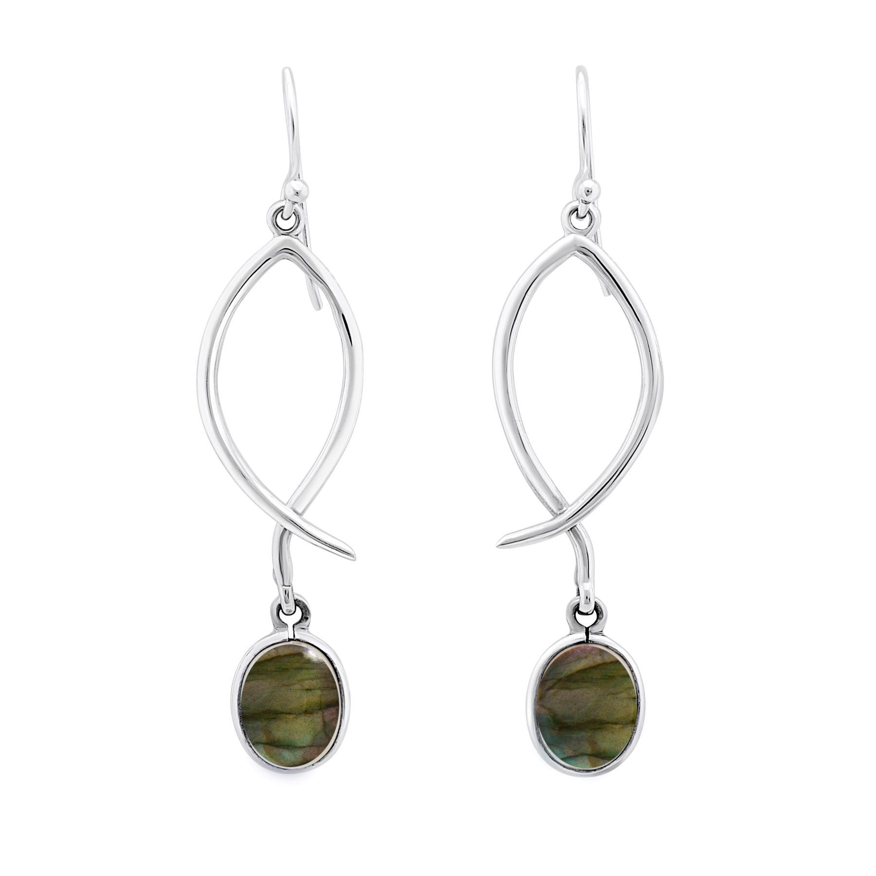 A pair of Lupin Earrings in various gemstones, silver fish-shaped dangling earrings featuring oval, iridescent green gemstones at the bottom. The earrings have a sleek and elegant design, showcasing a modern and sophisticated style. These versatile earrin