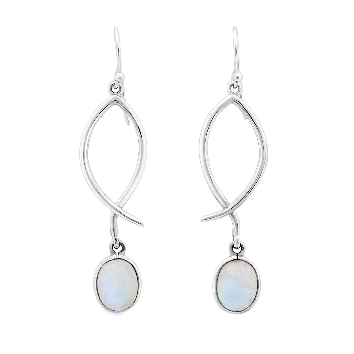 Introducing the versatile Lupin Earrings in various gemstones by Gallardo & Blaine Designs: a pair of silver drop earrings with an elegant, curved design. Each earring features a dangling oval-shaped moonstone at the end, exuding a soft, iridescent glow.