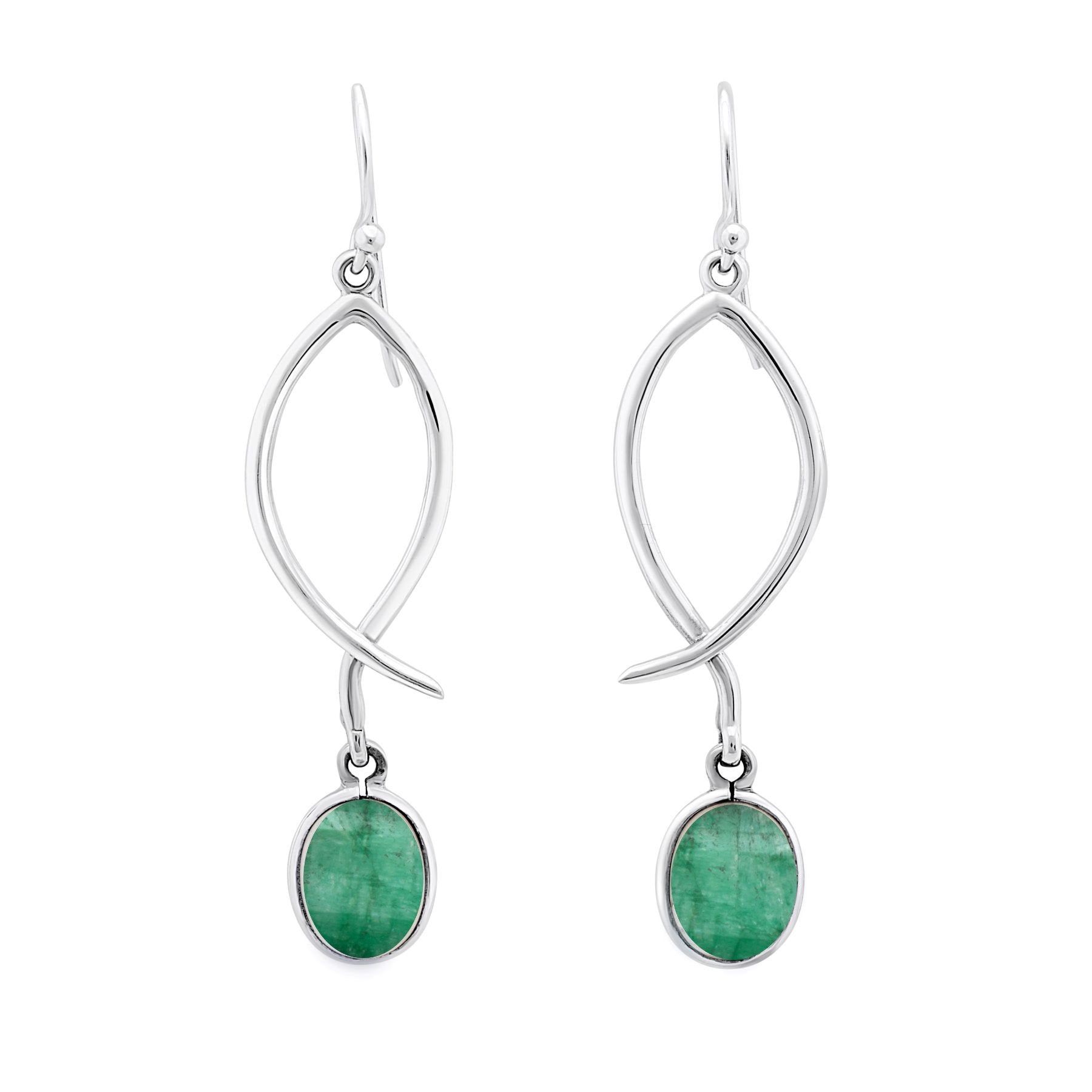 These versatile Lupin Earrings in various gemstones by Gallardo & Blaine Designs showcase an elegant drop silver design with a twisted structure. Each earring features a small oval green gemstone, likely an emerald, set in a silver frame that dangles grac