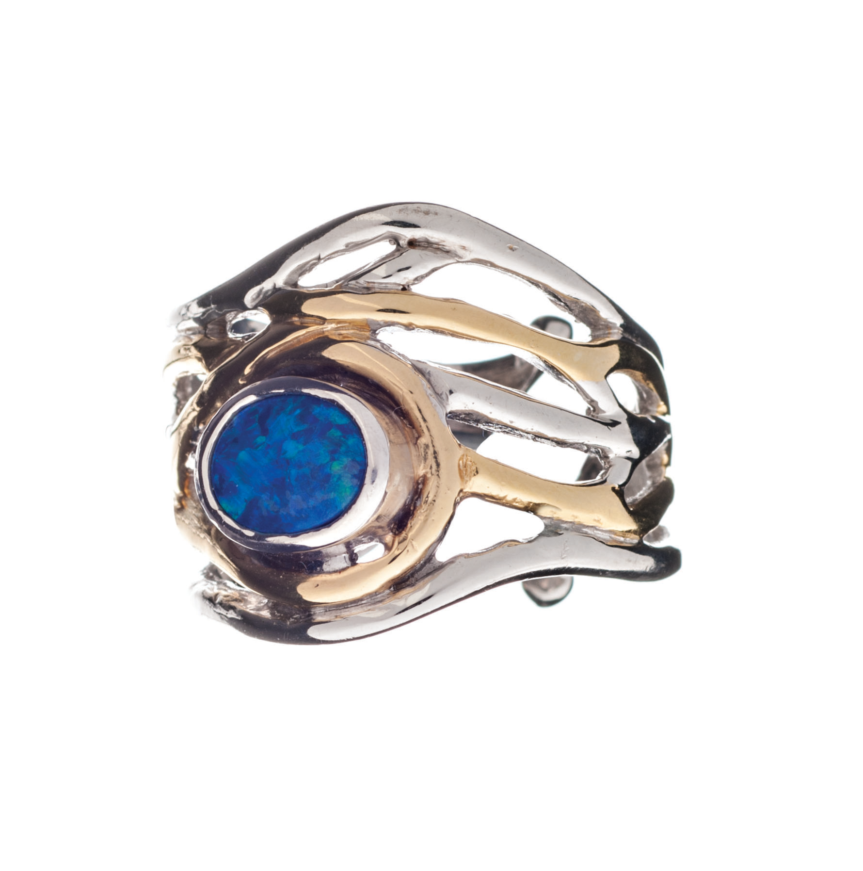 A silver and gold chunky statement ring featuring a large central blue opal gemstone. The design is intricate with interwoven silver and gold elements, creating a wavy, organic pattern around the opal. This medieval-inspired jewelry piece showcases the op