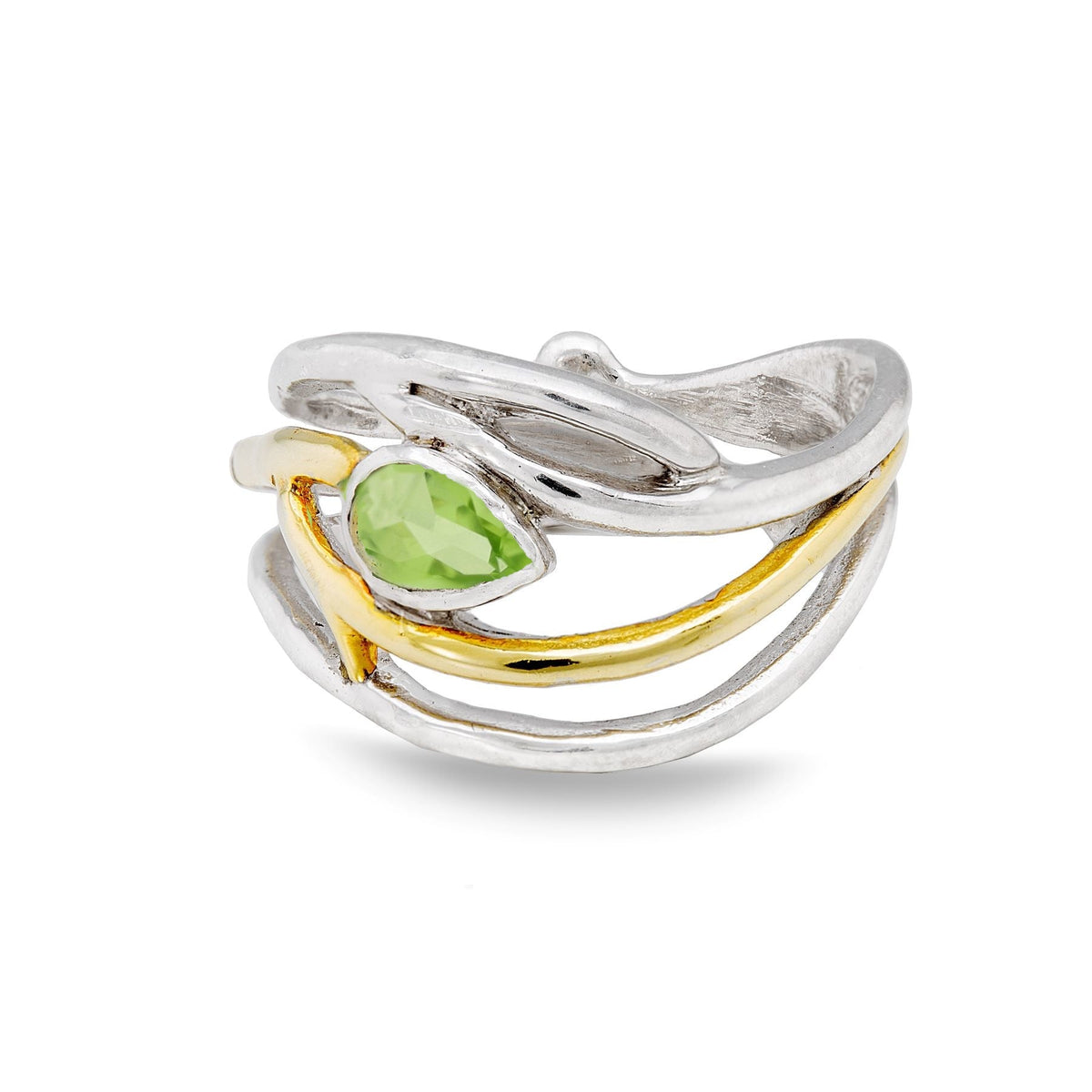 A stylish, twisted silver Gallardo & Blaine Designs Peacock Ring in various gemstones with a small leaf-like design, featuring a central, green, faceted gemstone. The ring is adorned with both polished silver and gold-toned accents, giving it a two-tone,