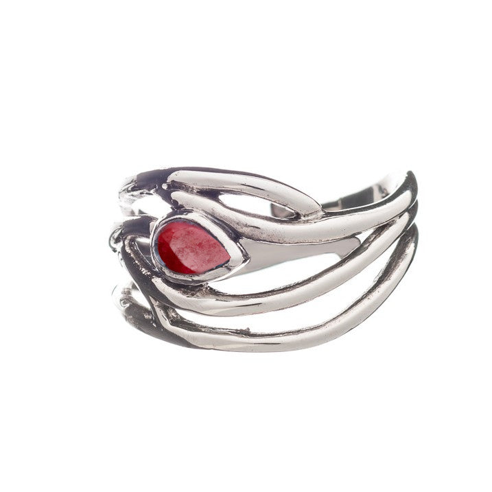 A silver Peacock Ring in various gemstones designed with intertwining, vine-like bands holding a single, teardrop-shaped red gemstone at its center. The intricate design gives this adjustable piece in silver and gold a unique and elegant appearance by Gal