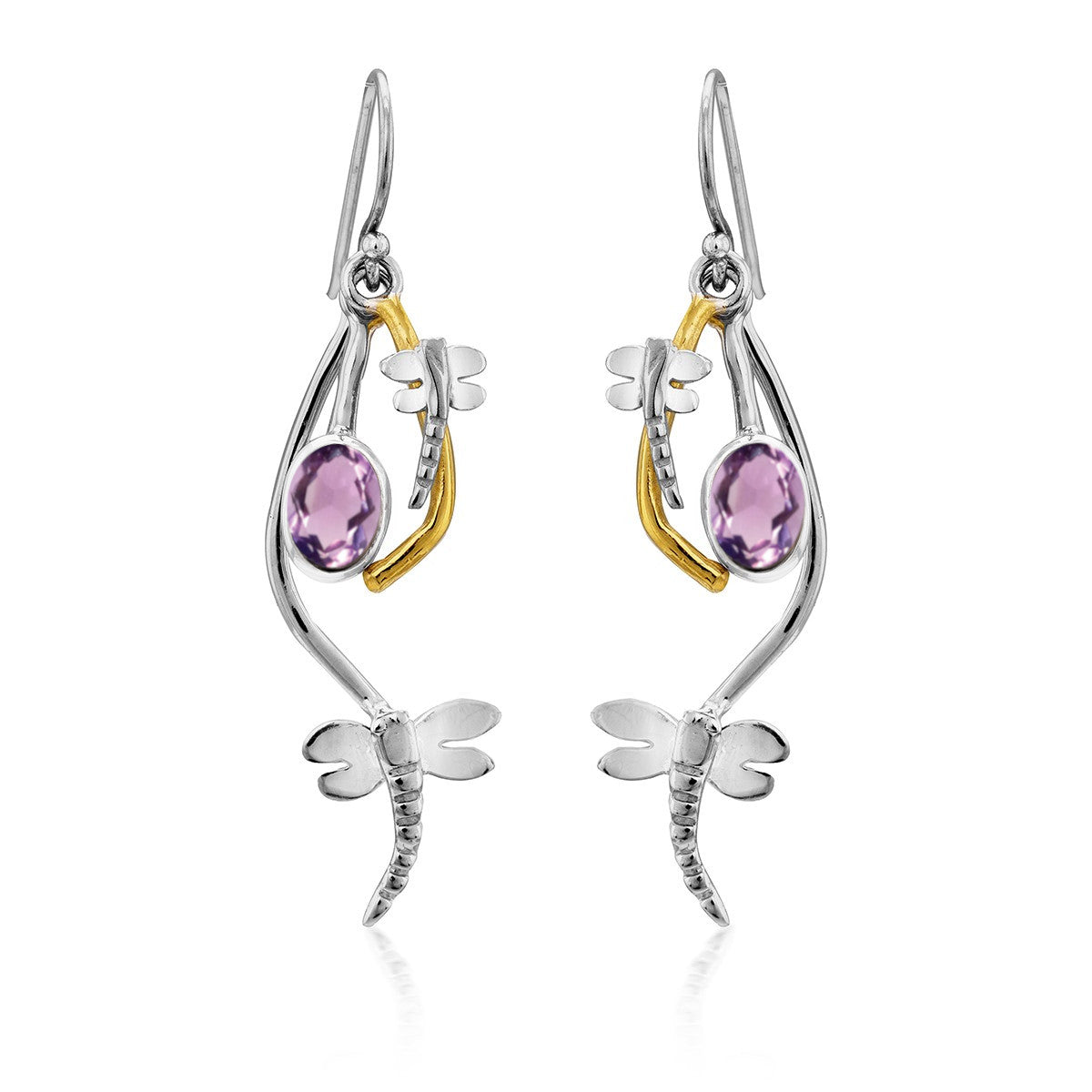 A pair of Ripple Earrings in various gemstones by Gallardo & Blaine Designs. Each earring features a round purple gemstone and intricate dragonfly details with gold-plated bodies and silver wings, beautifully combining polished silver and gold accents.