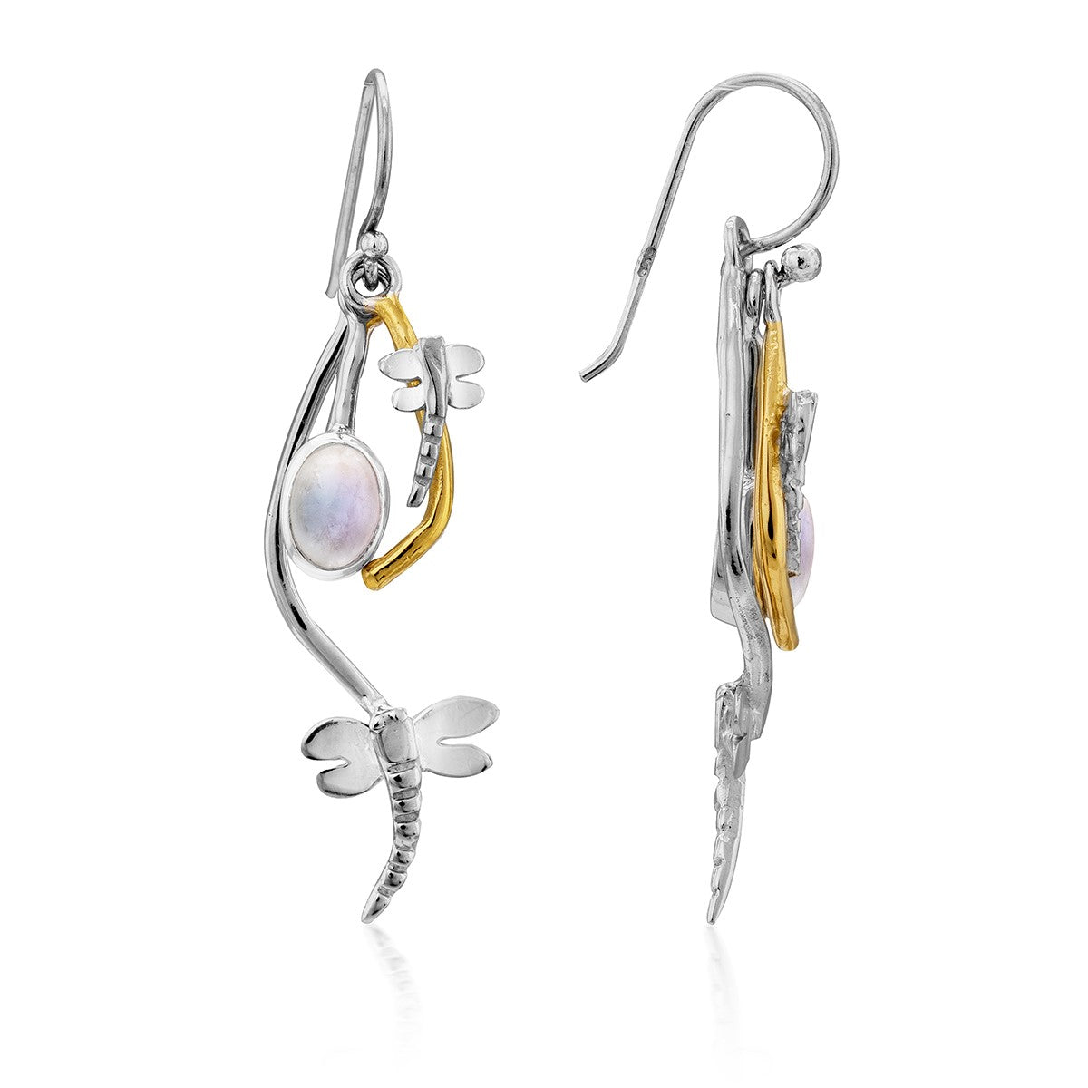 A pair of delicate Ripple Earrings in various gemstones by Gallardo & Blaine Designs with an intricate dragonfly design. Each earring showcases a dragonfly and an oval-shaped, gold plate gemstone, held together by silver-toned metal accents. These elegant