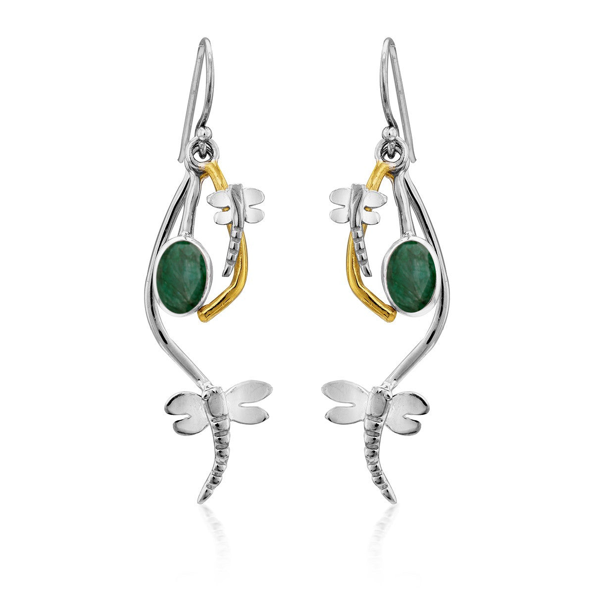 A pair of Ripple Earrings in various gemstones designed to resemble dragonflies by Gallardo & Blaine Designs. Featuring delicate curves, green stone accents, and a touch of gold plate detailing, the dragonfly wings are meticulously detailed. These whimsic