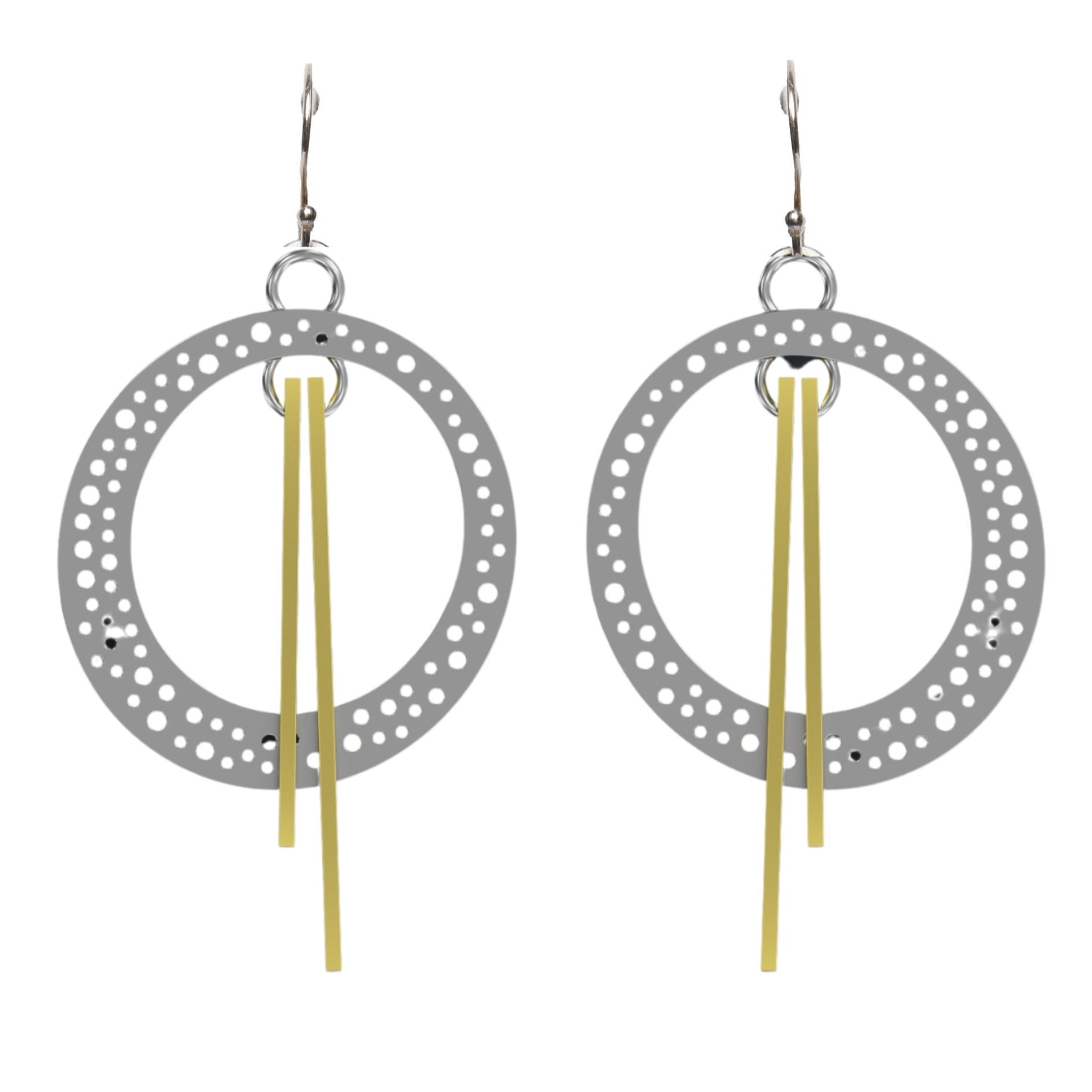 The Rivera Earrings by Gallardo & Blaine Designs feature modern Art Deco-inspired dangle earrings with large sterling silver circles, cut-out holes, and two gold bars hanging from each earring. Available in various colours.