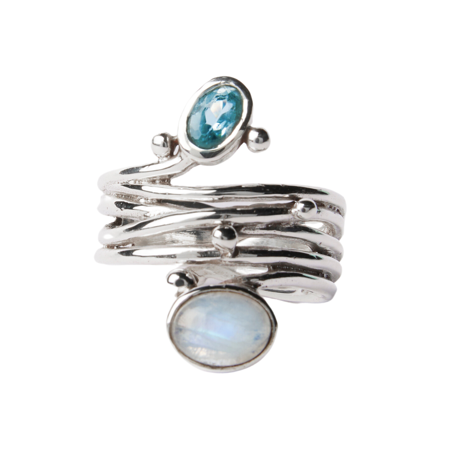 A Snake Ring in Silver Gold & various gemstones by Gallardo & Blaine Designs with a unique, multi-band design features two gemstones: an oval, translucent blue gemstone at the top and a larger, oval, iridescent stone at the bottom. Small silver accents em
