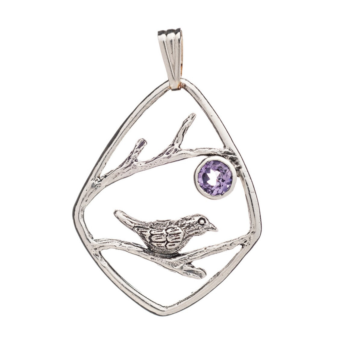 A romantic pendant crafted in sterling silver features an open-frame diamond shape with a song bird perched on a branch in the center. The Song Bird Pendant by Gallardo & Blaine Designs has an amethyst gemstone set inside next to the bird, adding a touch
