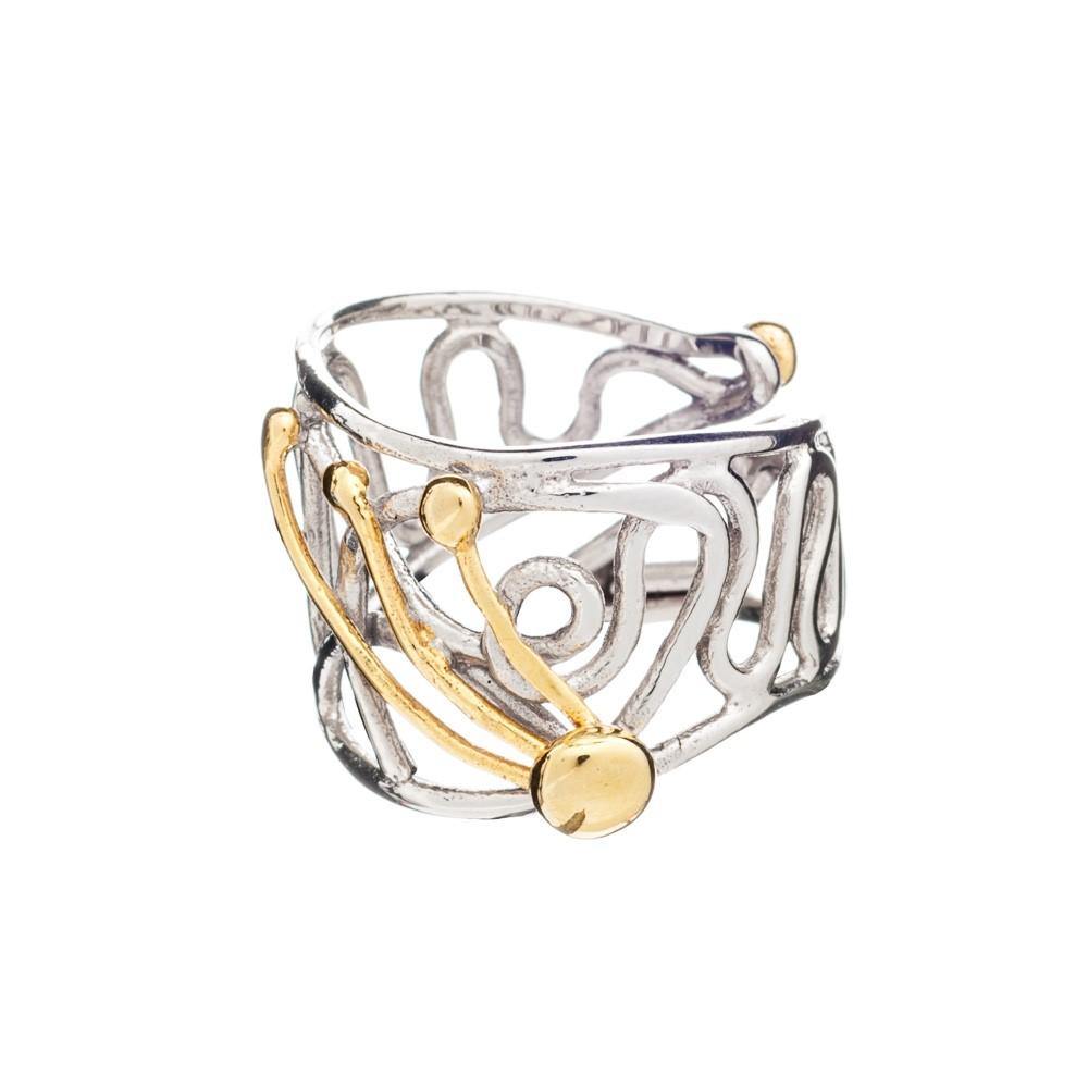 The Swirl Ring by Gallardo & Blaine Designs is a sterling silver ring with abstract wavy patterns, gold vermeil accents, and a round gold detail. This adjustable piece blends elegance and creativity in an artistic design.