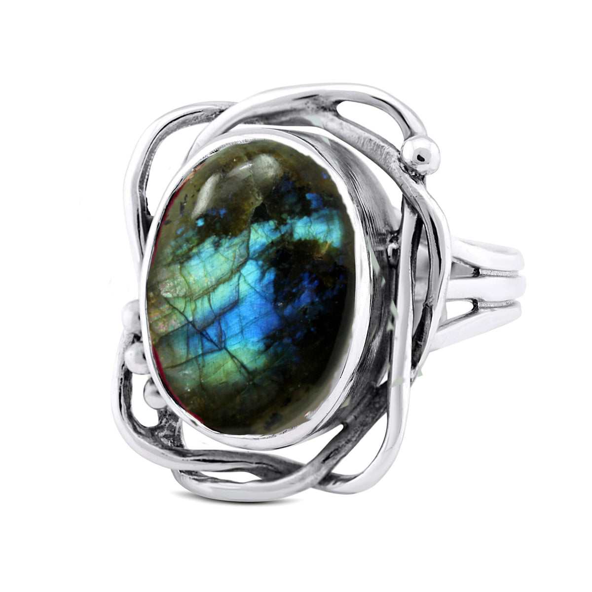 An adjustable silver ring with an oval labradorite gemstone. The gemstone showcases vibrant blue, green, and hints of yellow iridescence. The intricate silver setting features artistic swirls and loops around the gemstone, making this a stunning Whirlpool