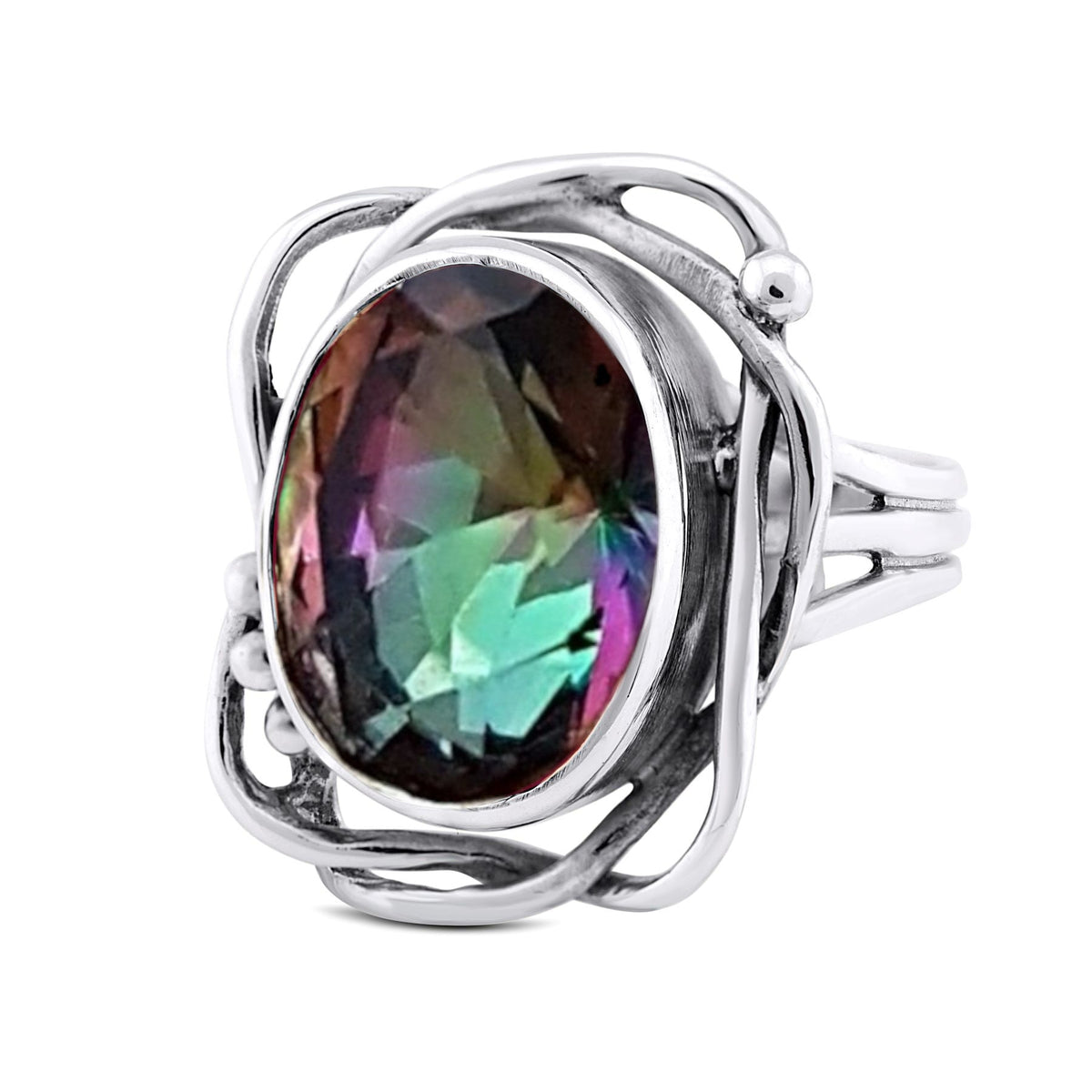 A silver ring featuring an oval-shaped, faceted gemstone with iridescent colors of purple, green, and blue. The intricate, swirling silver setting surrounds the gemstone, creating an elegant and artistic design. This adjustable **Whirlpool Ring in various