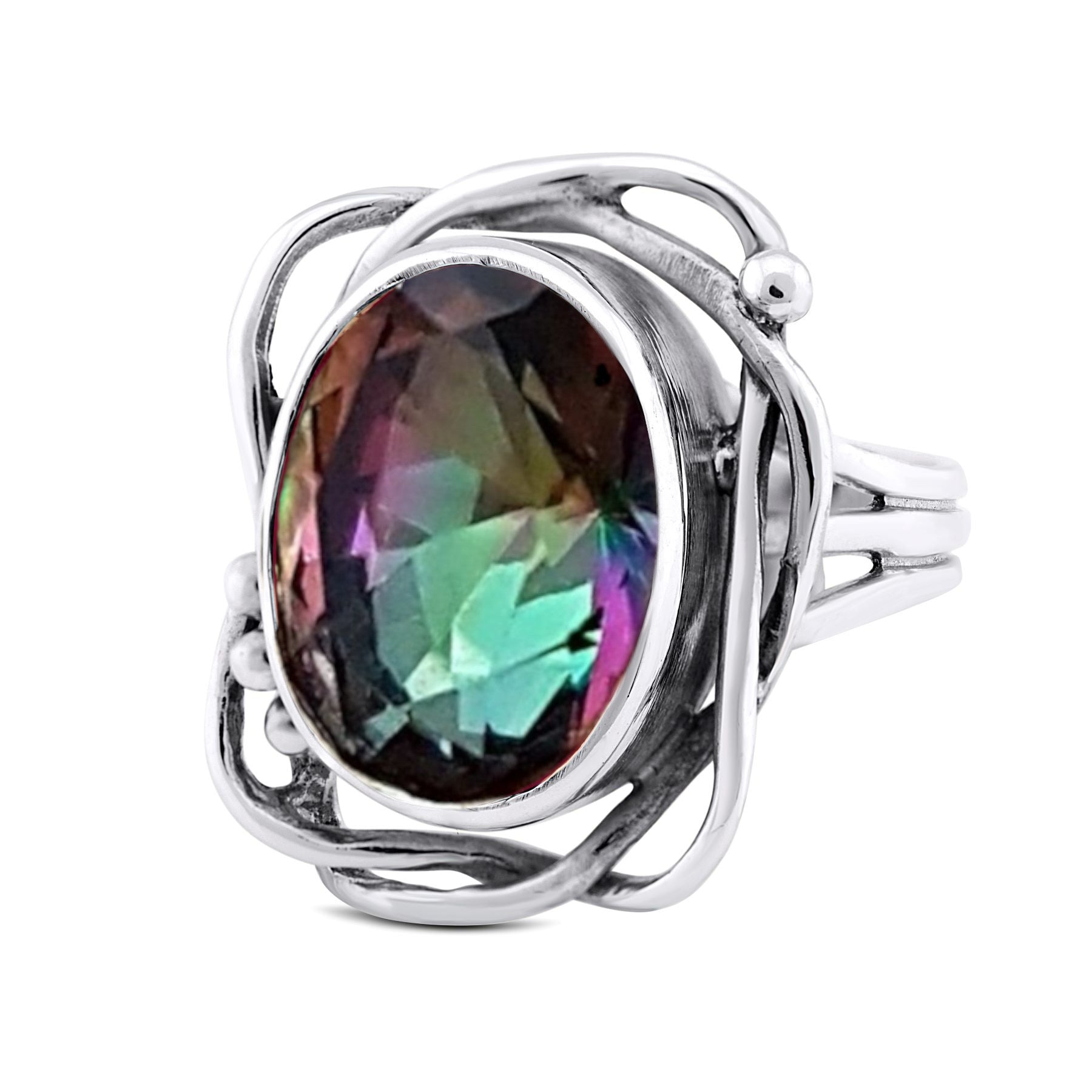 A silver ring featuring an oval-shaped, faceted gemstone with iridescent colors of purple, green, and blue. The intricate, swirling silver setting surrounds the gemstone, creating an elegant and artistic design. This adjustable **Whirlpool Ring in various