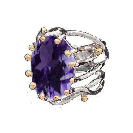The *Willow Ring in various gemstones* by *Gallardo & Blaine Designs* is a silver adjustable ring featuring an ornate, intricate band design, adorned with a large, oval-shaped faceted purple gemstone as the centerpiece. The setting includes golden prongs