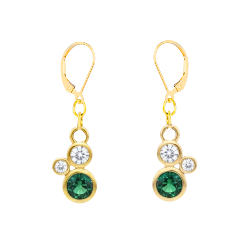 Verdant Embrace 9ct yellow gold Earrings with Green Tsavorite and 2 diamonds by Madeleine Fine Jewellery feature a vertical cluster of one tsavorite and two clear diamonds.