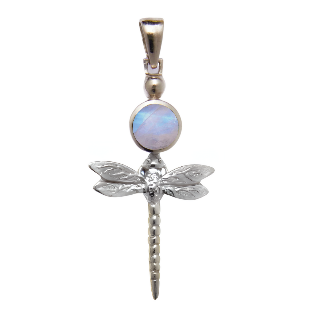 The Damsel Pendant by Gallardo & Blaine Designs is a sterling silver dragonfly with detailed wings, a textured tail, and a round iridescent gemstone above the body, attached to a silver bail for wearing as a necklace.