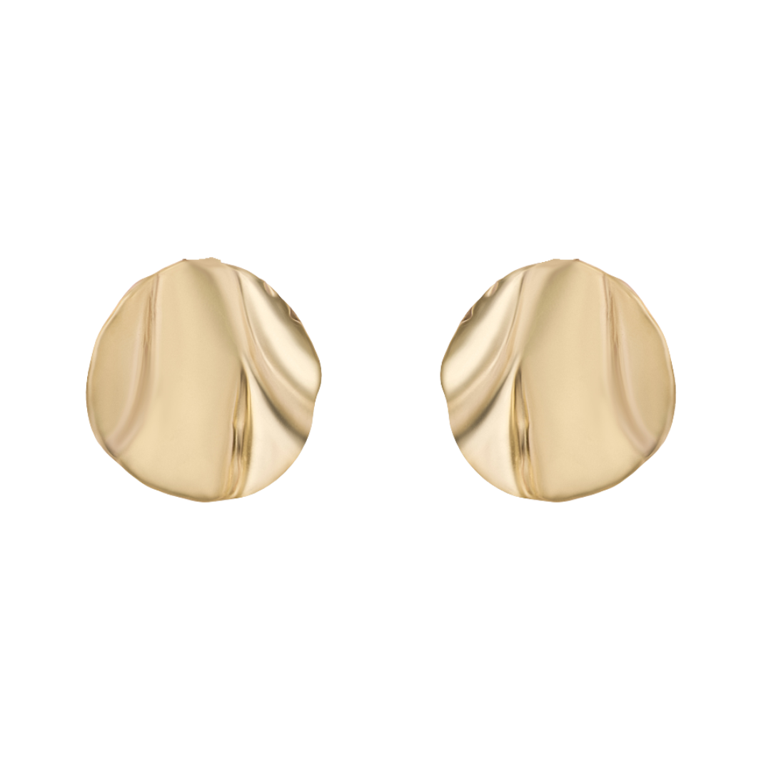 The Tide Studs Large by Madeleine Sculptural Jewellery are round, gold-toned earrings with a wrinkled, organic surface, showcasing hand-carved artistry. Displayed against a white background.