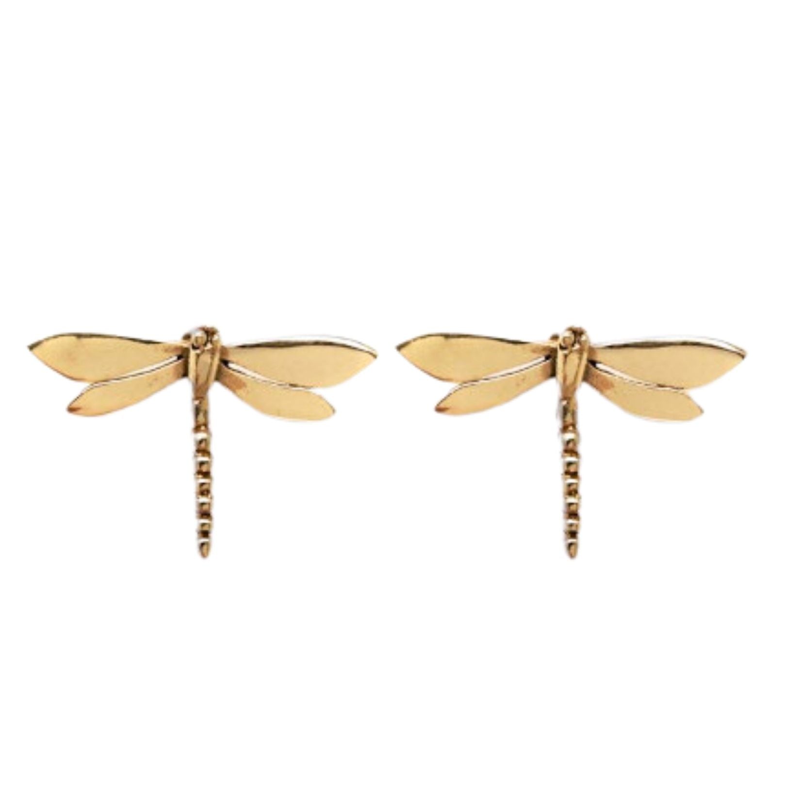 Watermelon Tropical’s Wildlife Large Dragonfly Studs in gold feature detailed wings and segmented tails, displayed on a white background—a striking piece of nature-inspired jewelry.