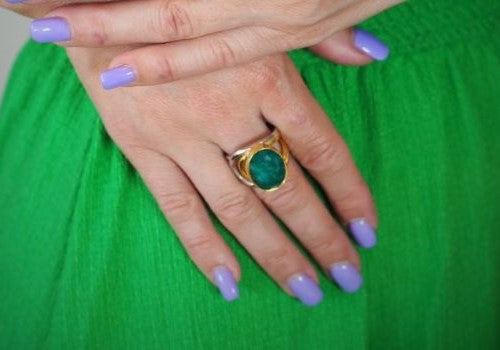 Adjustable sterling silver Fossil Ring in rough emerald-Gallardo & Blaine Designs