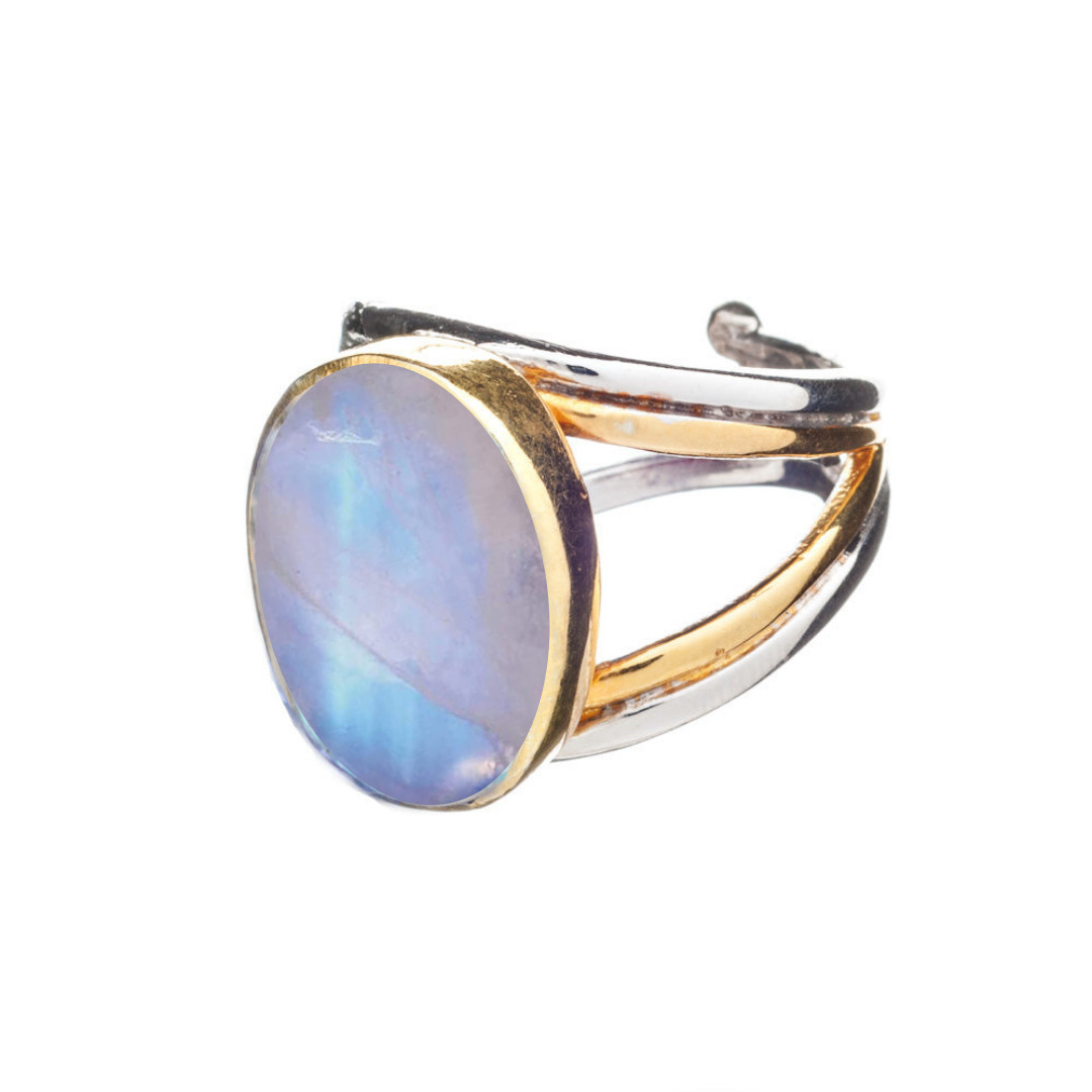 The Dewberry Ring by Gallardo & Blaine Designs features a chunky sterling silver band with a large oval moonstone in a gold vermeil bezel and split band design, shown on a white background.