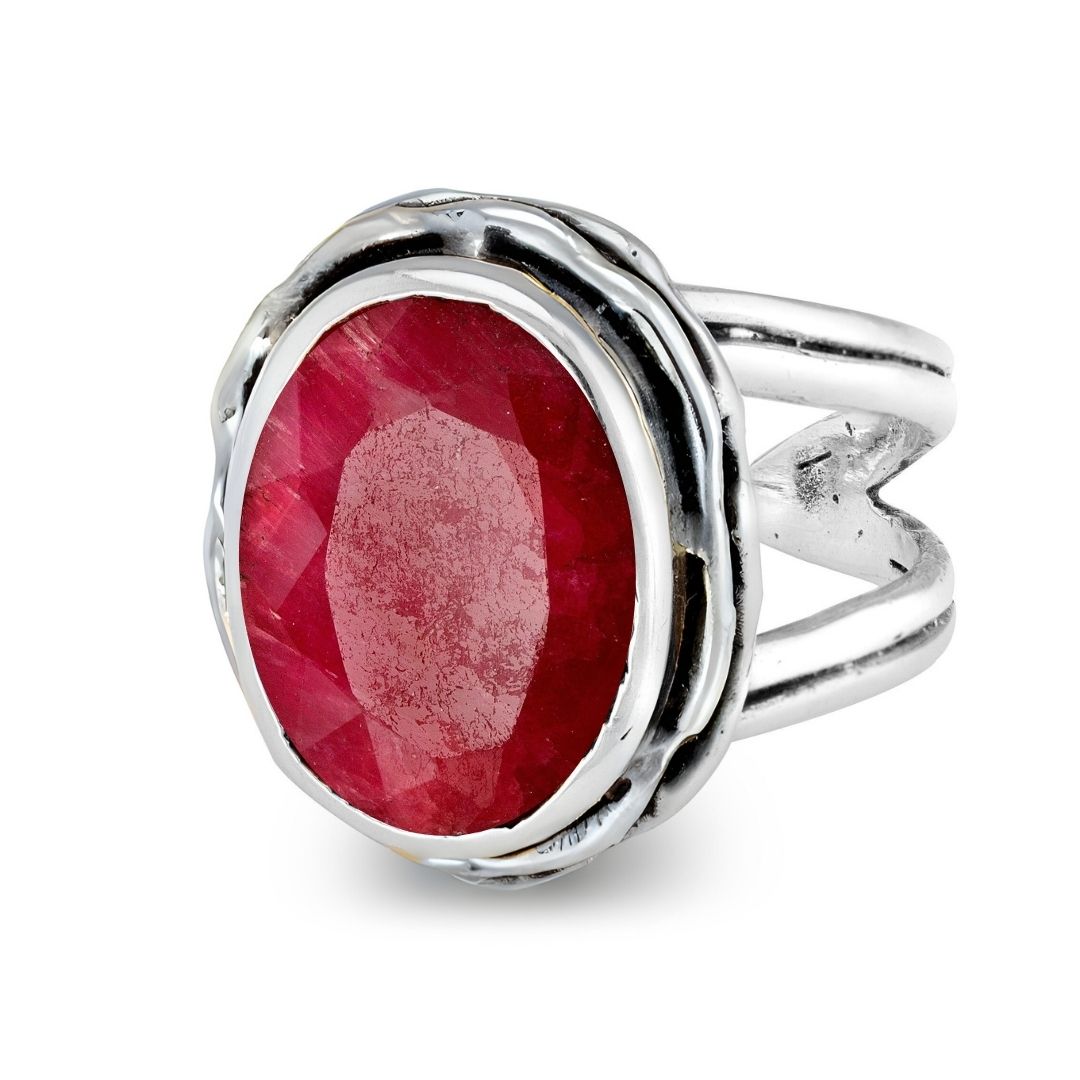 The Magnolia Ring by Gallardo & Blaine Designs features a double band in sterling silver with an oval, faceted gemstone and a rustic, handcrafted look. Available in silver, gold, and various gemstones.