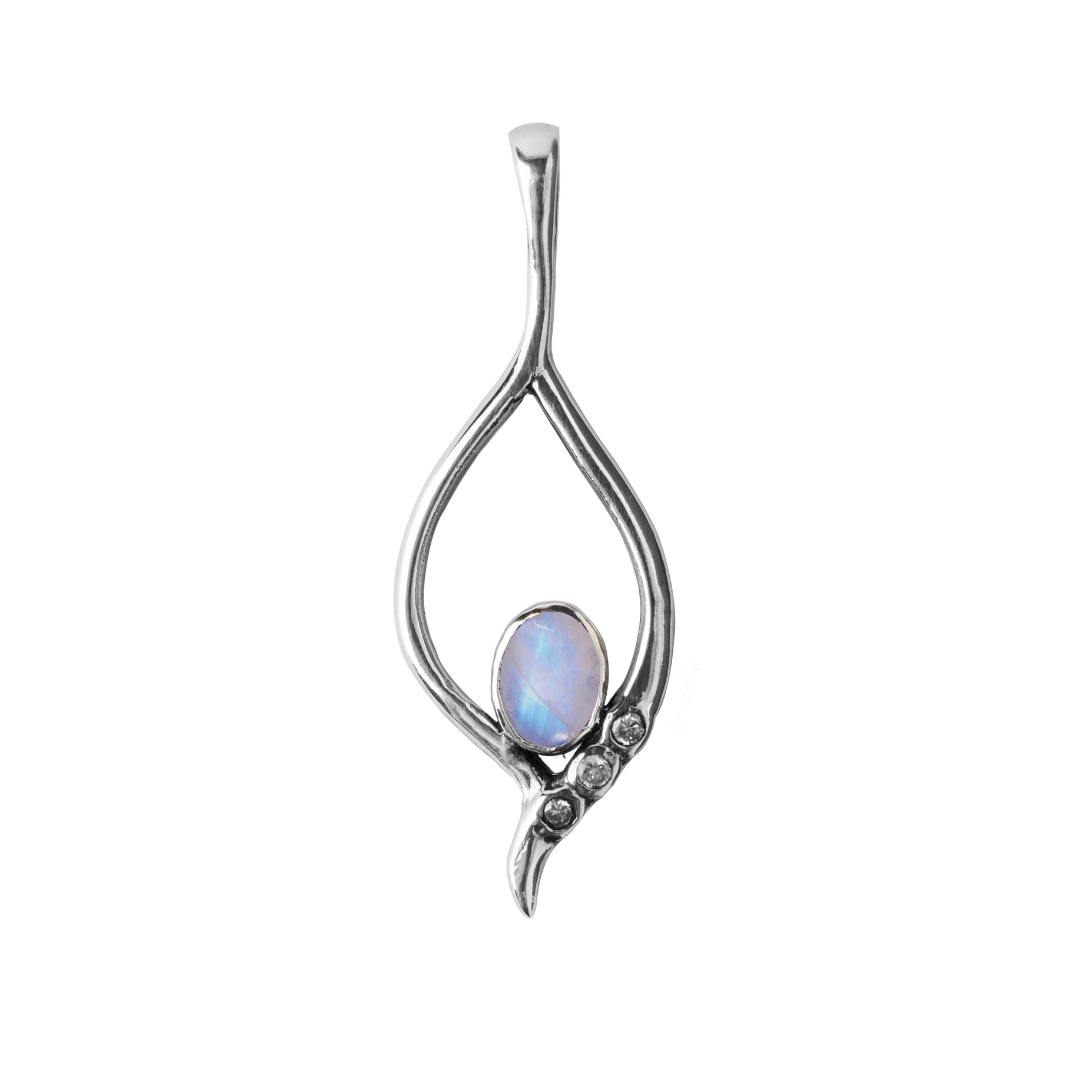 Introducing Gallardo & Blaine Designs' Desert Star Pendant in various gemstones: a sterling silver masterpiece with an elegant teardrop shape, centered oval opal, and three small round clear stones, boasting elongated smooth curves for a modern and timele