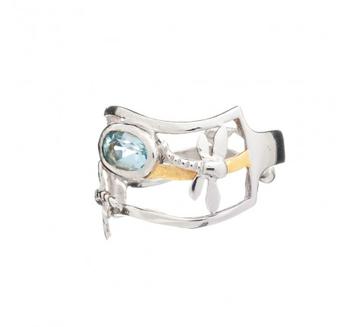 A stylish adjustable ring featuring a rectangular open-frame design in polished silver with a central blue oval gemstone and gold accents. The Small Dragonfly Ring in various gemstones by Gallardo & Blaine Designs also includes a small propeller-shaped de