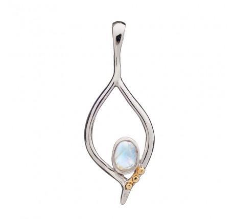 The Desert Flame Pendant in various gemstones by Gallardo & Blaine Designs features an elegant teardrop-shaped silver frame with a centrally set, oval moonstone. Three small, clustered gold accents are attached near the base, adding a touch of contrast an